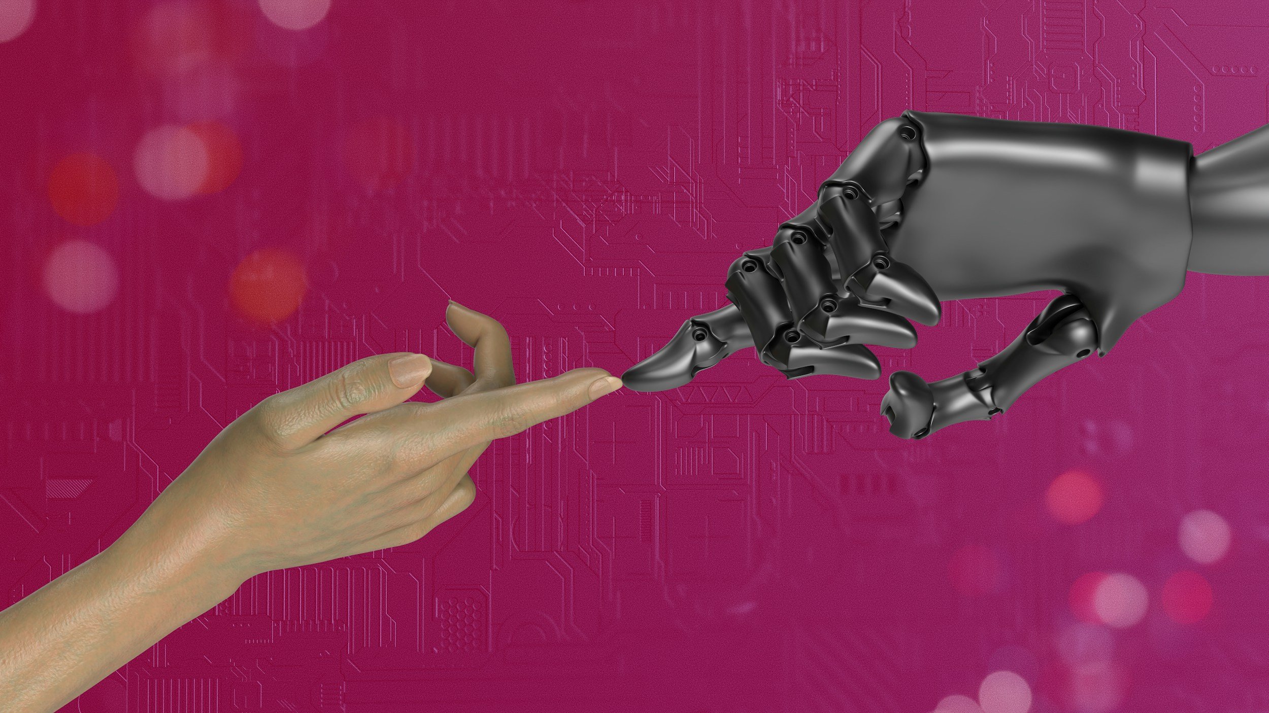 A human hand touching the finger of a robotic hand against a pink background with circuit board patterns.