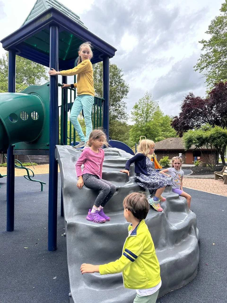 Children playing on a playground slide and climbing structure outdoors on a cloudy day, with trees and a building in the background.