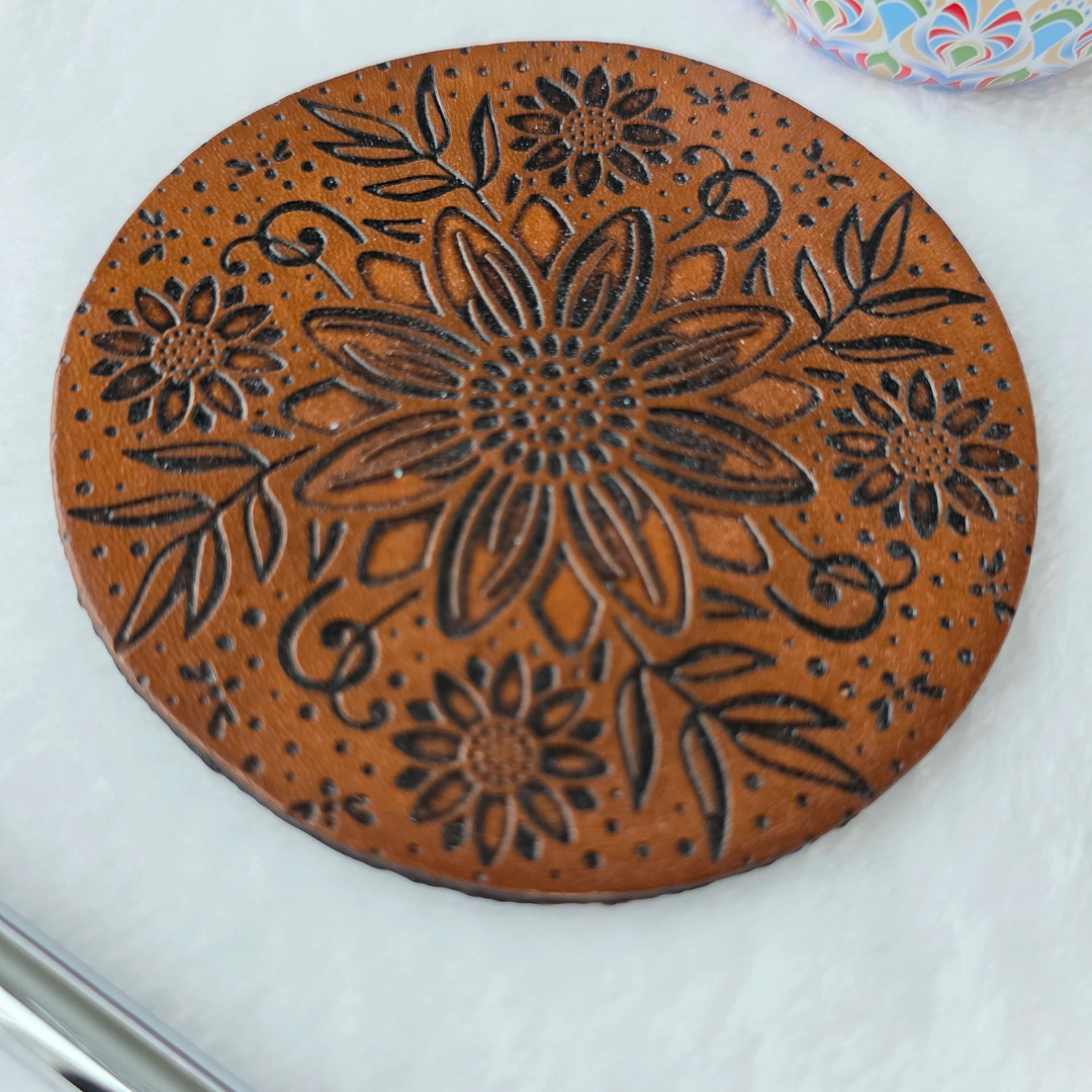 White and Blue Floral Stationery Set Leather Coaster Closeup.png