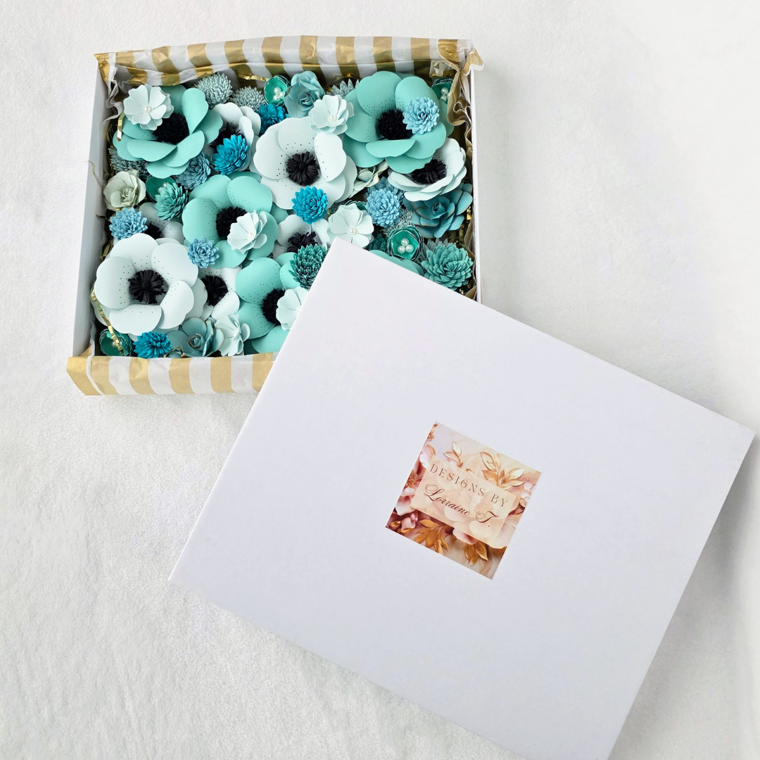 Gift-ready turquoise confetti set packaged for elegant presentation – Designs by Lorraine T