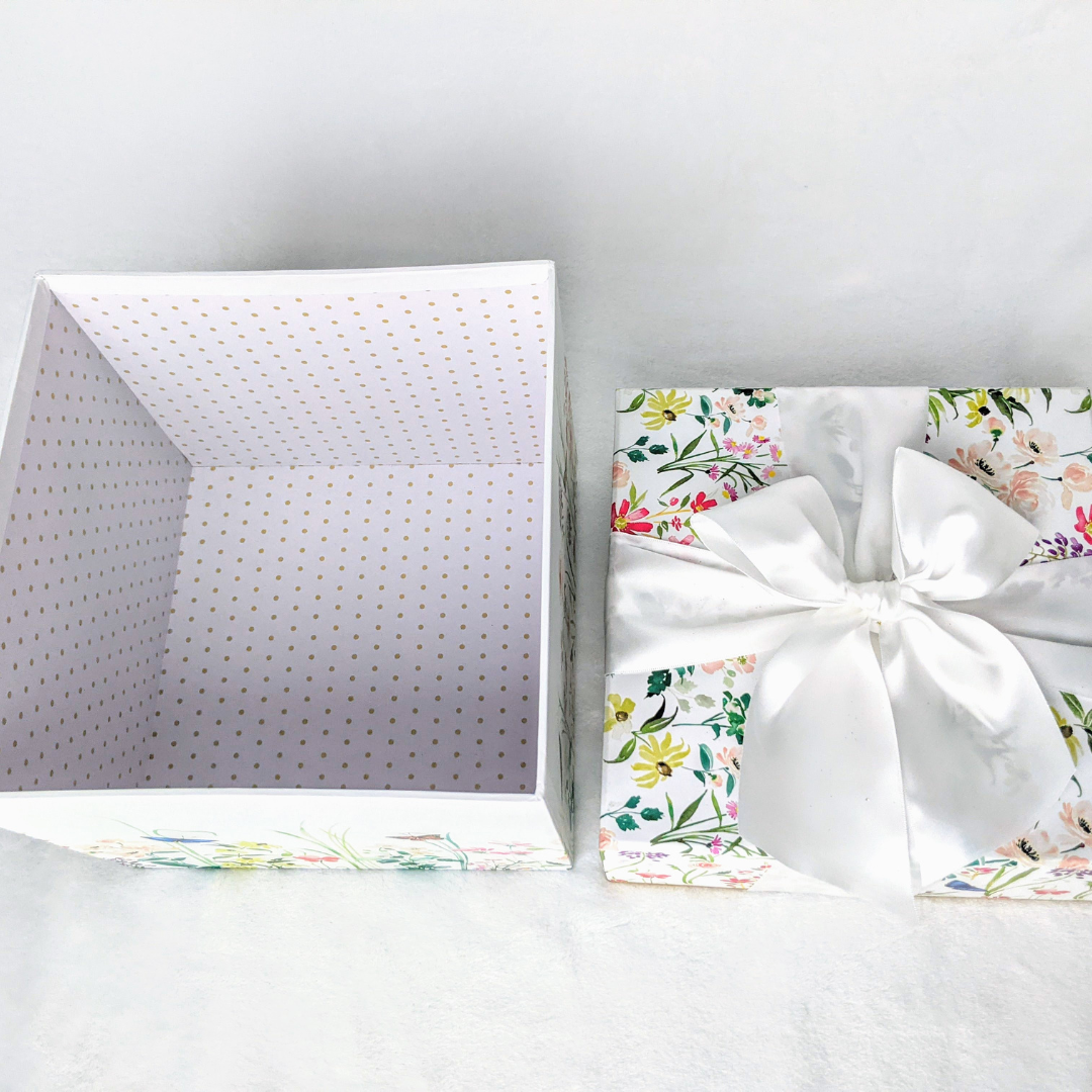 White gift box with floral and inner print gift box with a satin white bow - by Designs by Lorraine T.