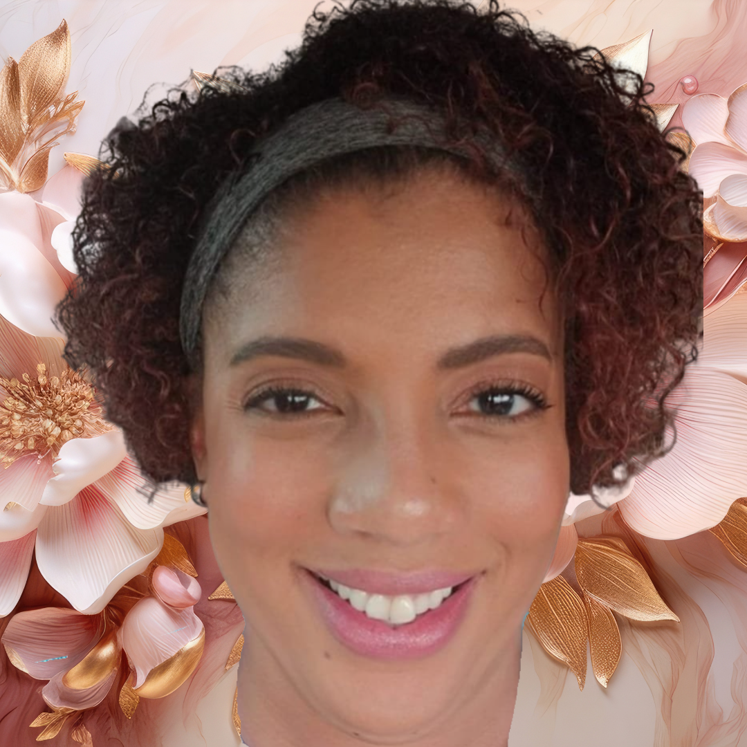 Close-up of a woman with short, curly hair wearing a gray headband, smiling against a floral and abstract background.