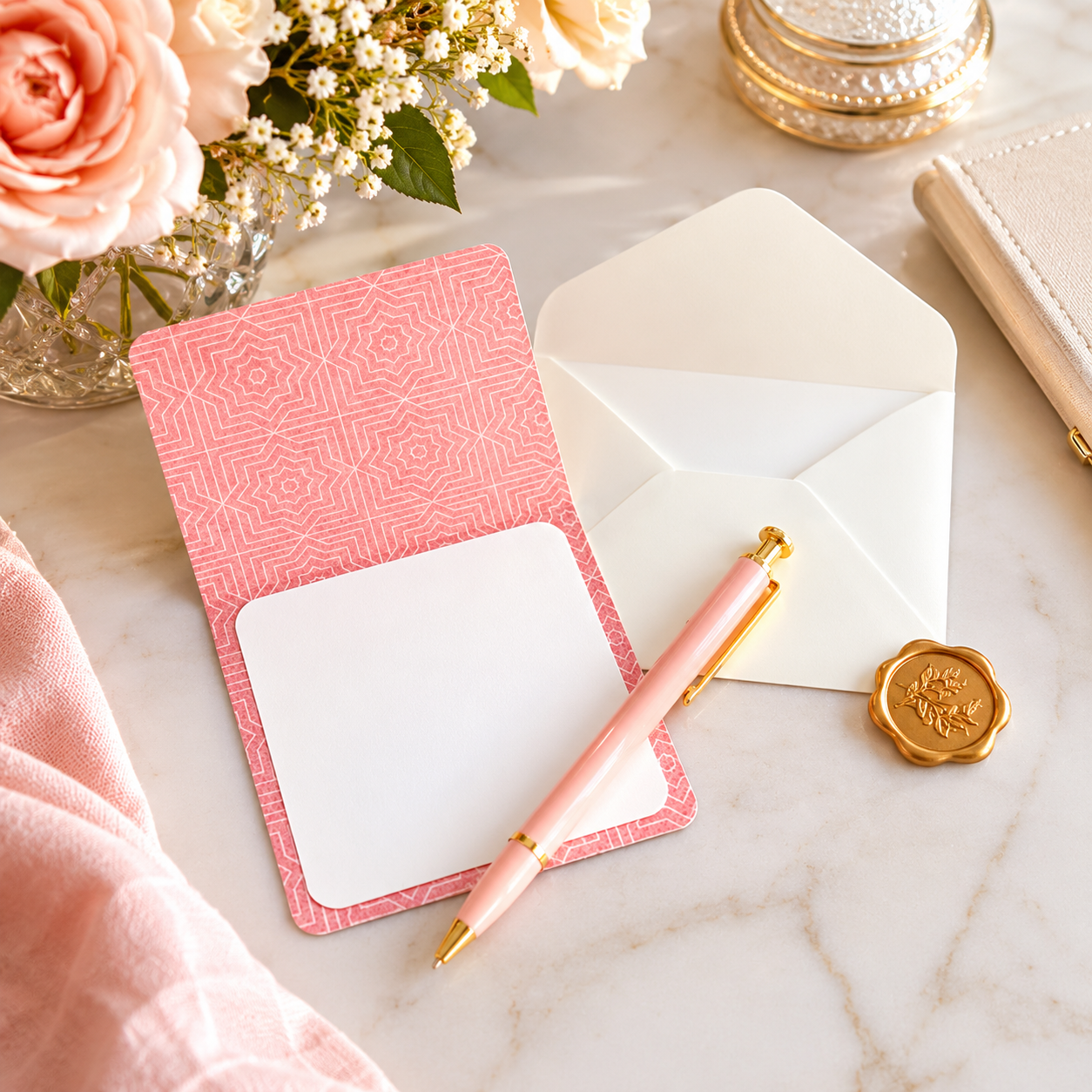 Floral and Pink Abstract print Note Card with Ivory Envelope Lifestyle.png