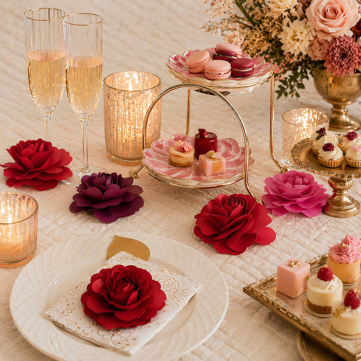 Premium paper rose centerpiece styled on an elevated tablescape with romantic lighting and gold décor.”