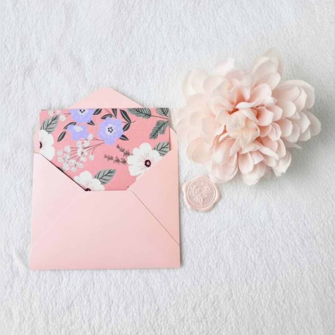 Floral Square Note Card in a Blush Envelope with Pink Wax Seal and Soft Pink Flower.png