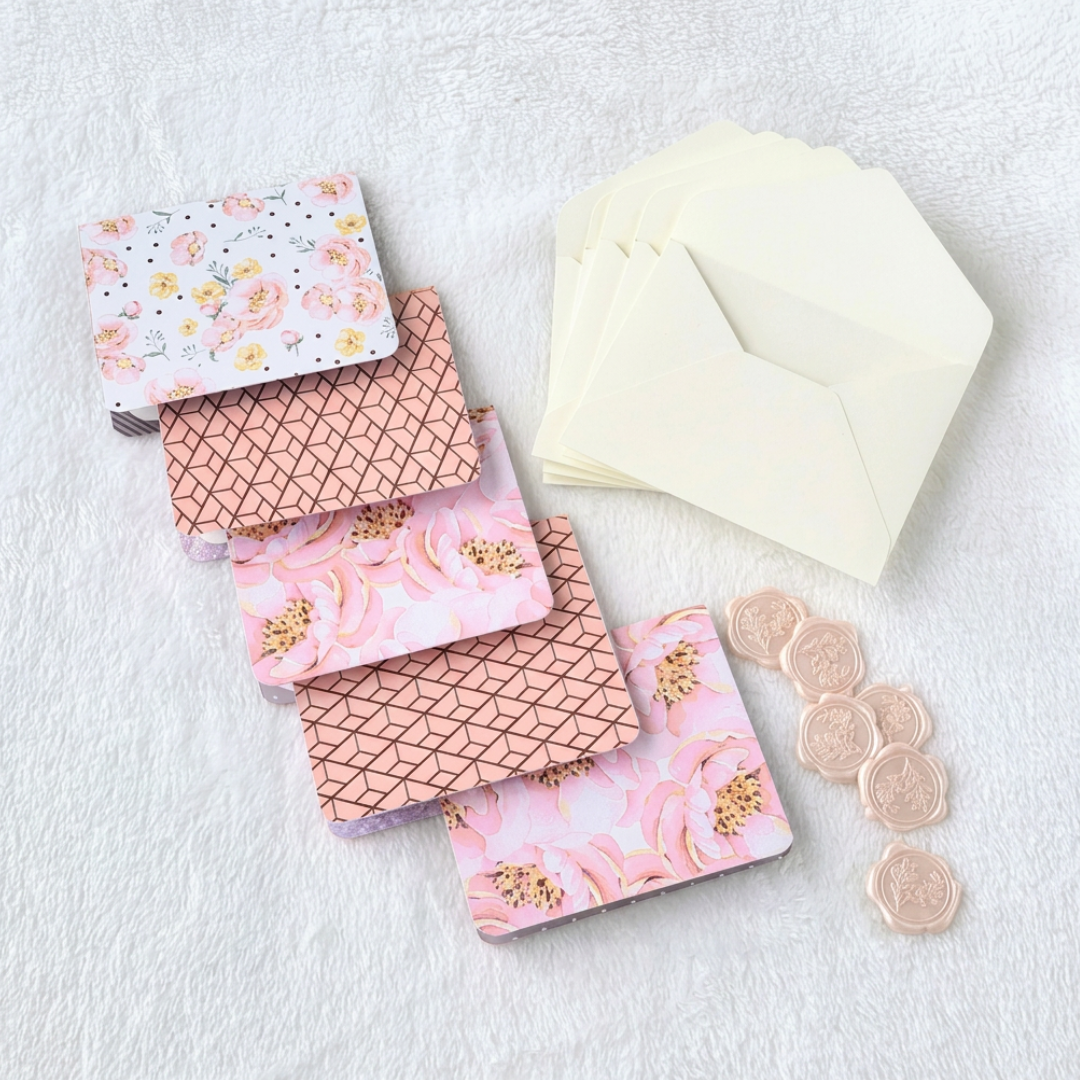Pink Flowers & Abstract Print Stationery Set