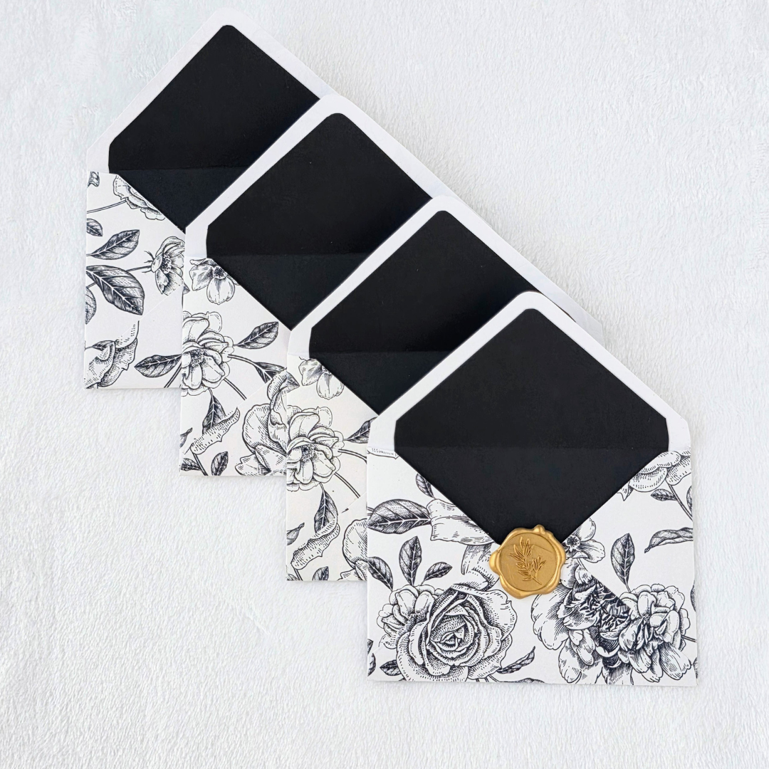 Botanical Black and White Stationery Set  - Four Envelopes and Gold Wax Seal detail