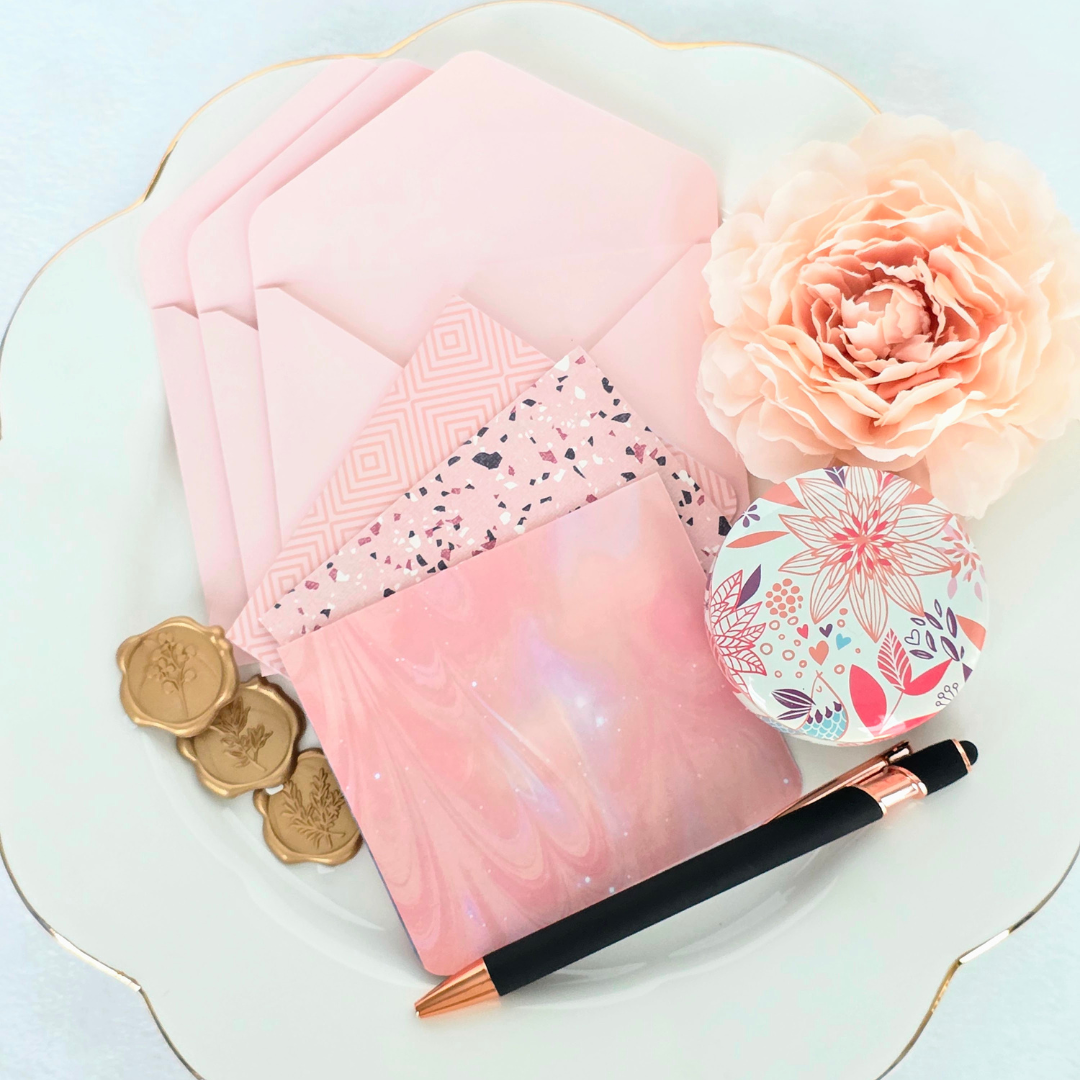 Vibrant Floral Gift Box Full Stationery Gift Set on a Scallop Plate Closeup.png