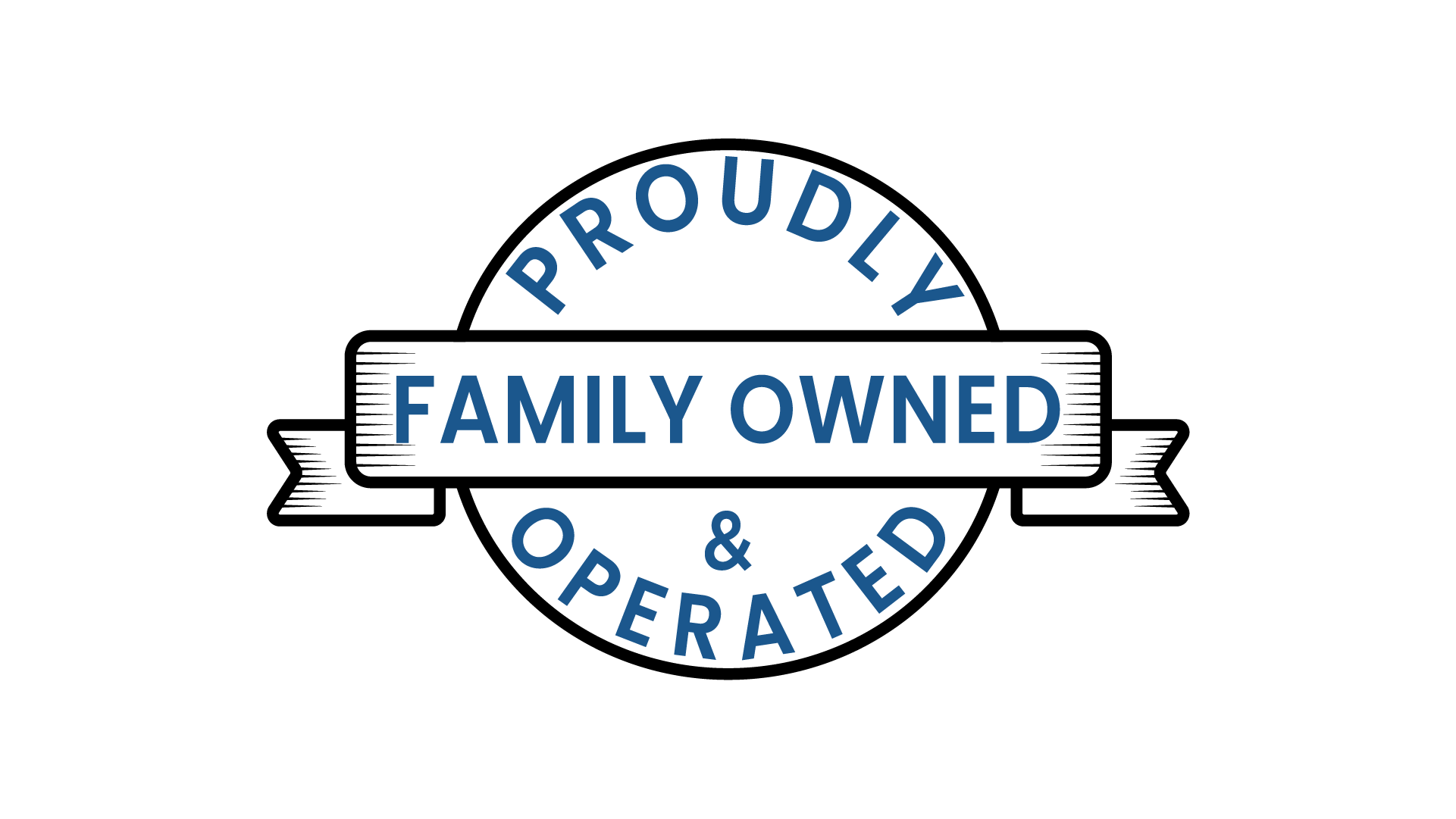 A circular logo with text reading 'Proudly Family Owned & Operated' in blue, black, and gray colors.