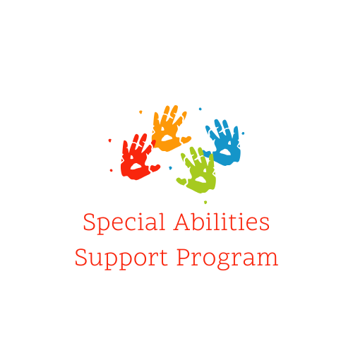 Logo with three colorful handprints in red, orange, green, and blue above the text 'Special Abilities Support Program' in red.
