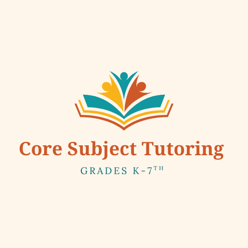 Logo for Core Subject Tutoring featuring an open book, stylized human figures, and text indicating tutoring for grades K–7.