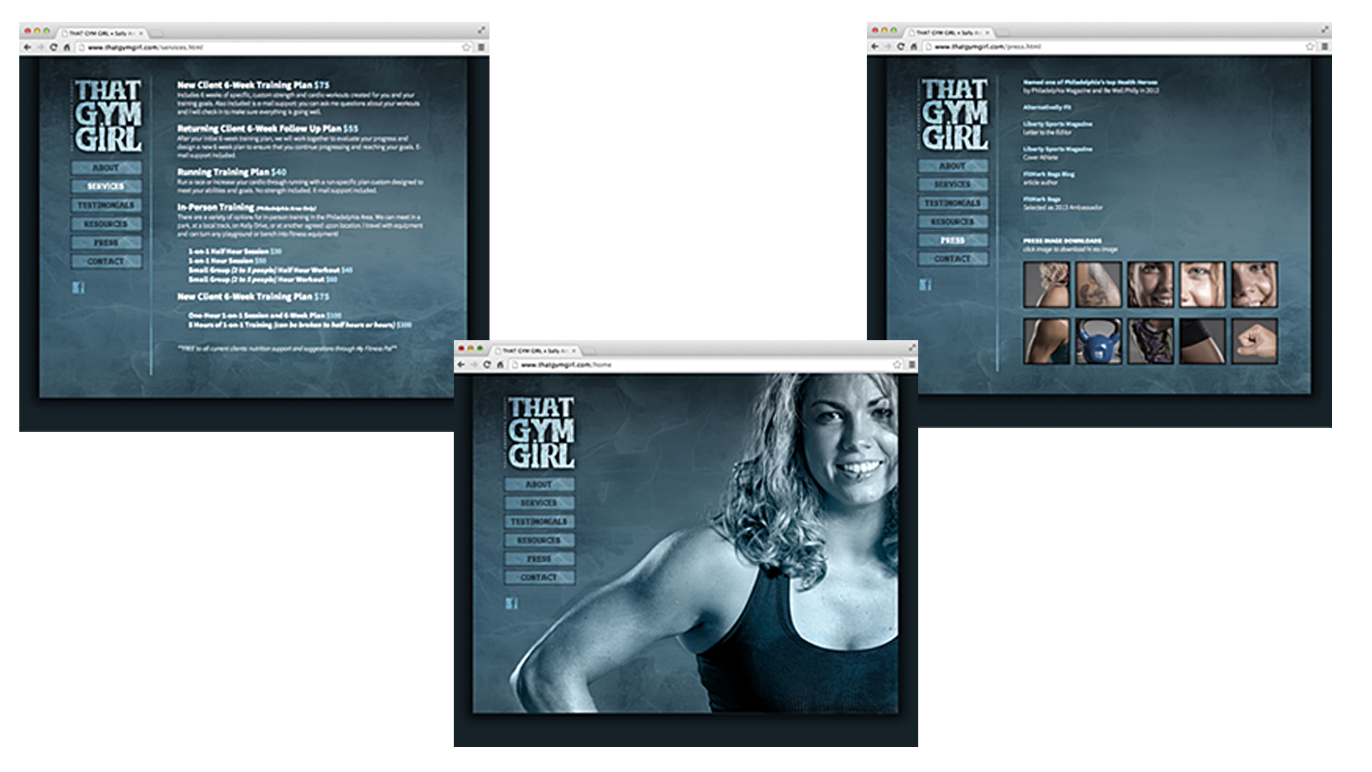Three computer screens displaying a fitness website called 'That Gym Girl,' featuring text about training plans and a black-and-white photo of a woman in sportswear smiling, with icons of her tattooed arm, a smiling woman's face, and a fitness-related image.
