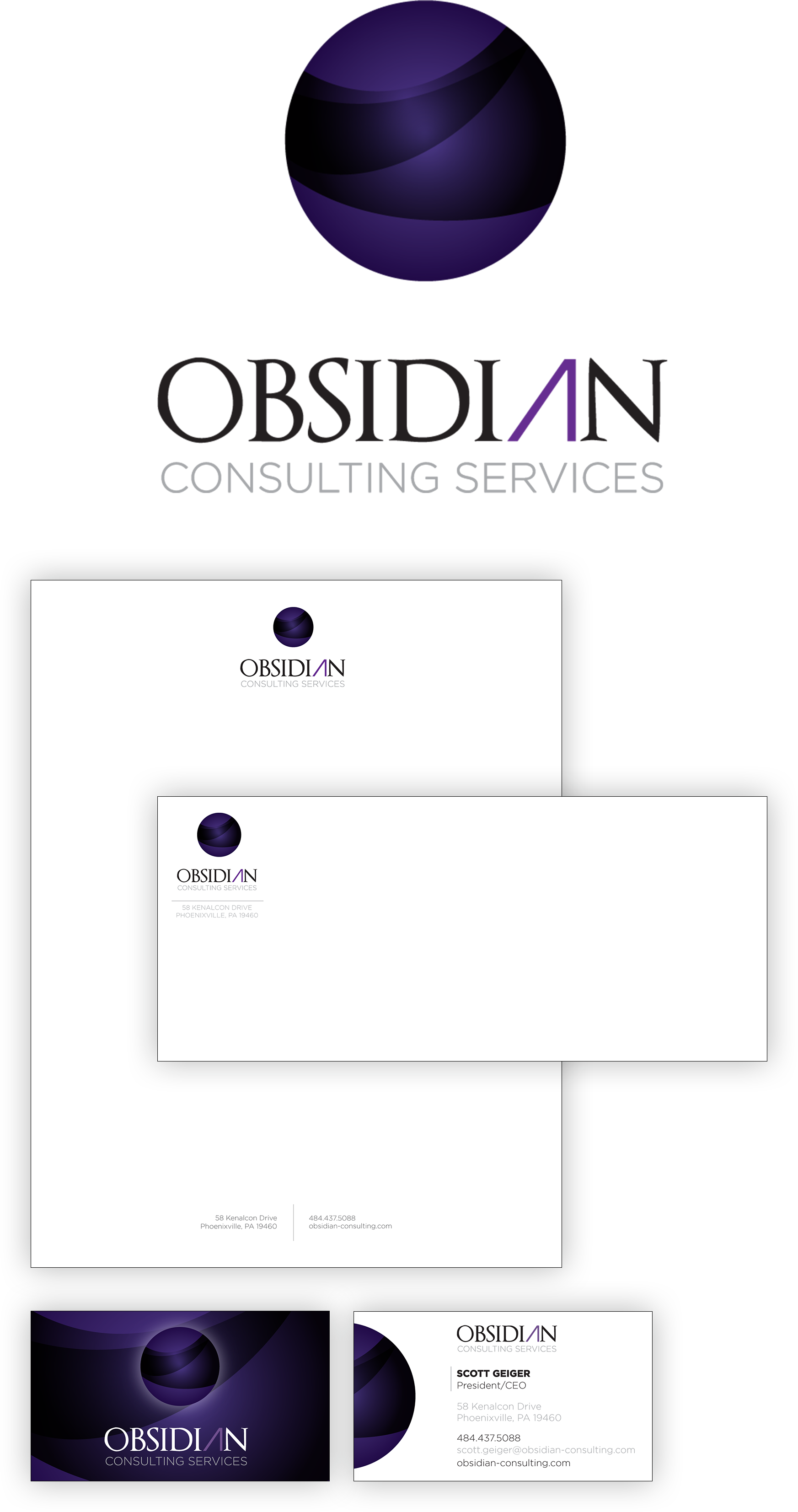 Business stationery and branding materials for Obsidian Consulting Services, including a logo featuring a purple and black sphere, letterhead, envelopes, and business cards with contact information.