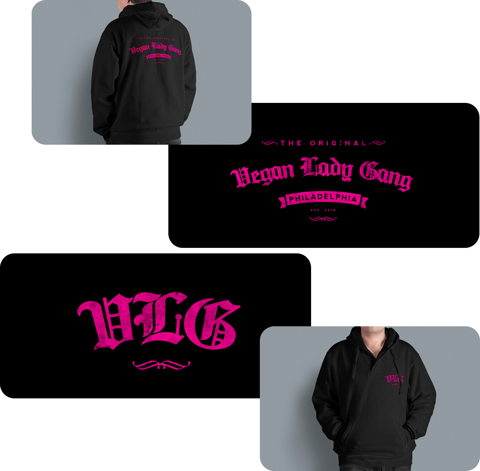 A black hoodie with pink text reading "Vegan Lady Gang" on the back and a pink logo with the text "VLG" on the front