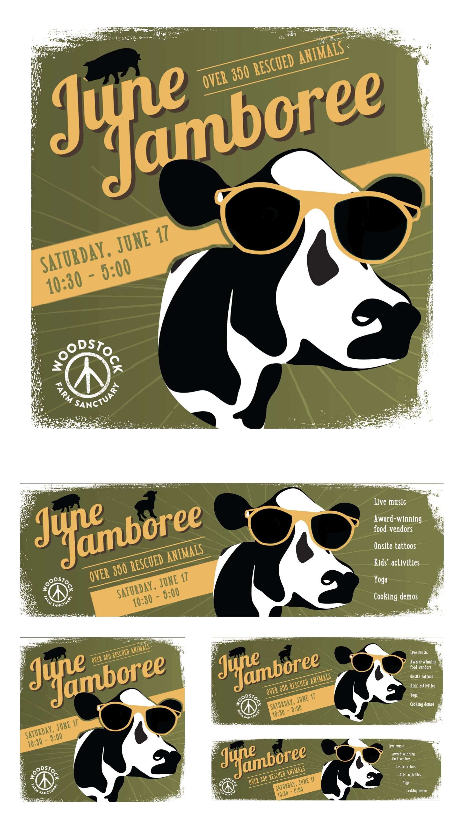 Poster for the June Jamboree at Woodstock Farm Sanctuary featuring a cow wearing sunglasses, event details, and a list of activities.