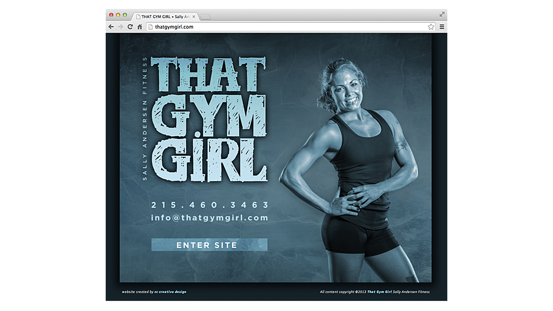 A woman with blonde curly hair wearing a black workout top and shorts, smiling and posing with her hand on her hip, standing in front of a textured blue background. The image promotes a website called That Gym Girl for fitness training.