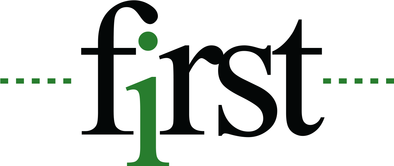 The word "first" with a large green lowercase "i" and a green dotted line through the middle.