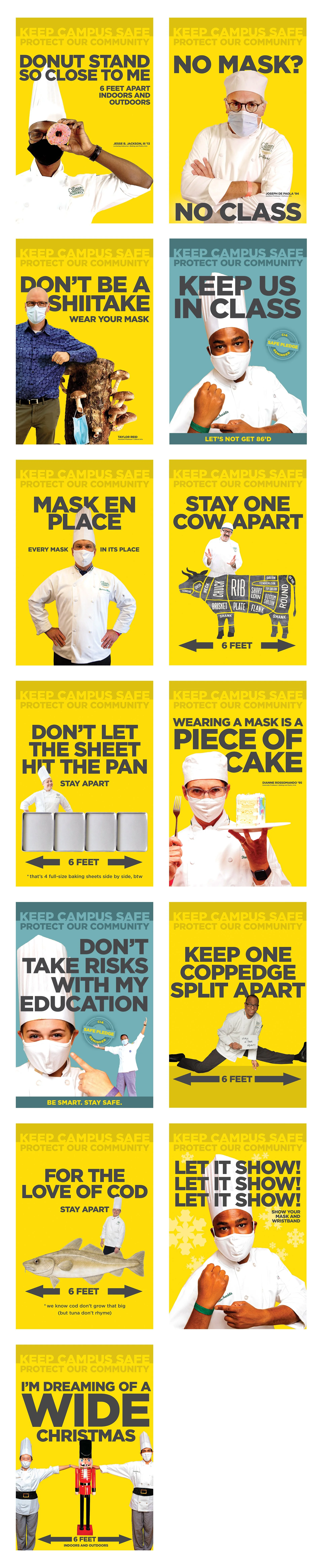 A series of eight COVID-19 safety posters with bright yellow backgrounds, featuring people in masks, social distancing messages, and safety guidelines for places like schools and restaurants.