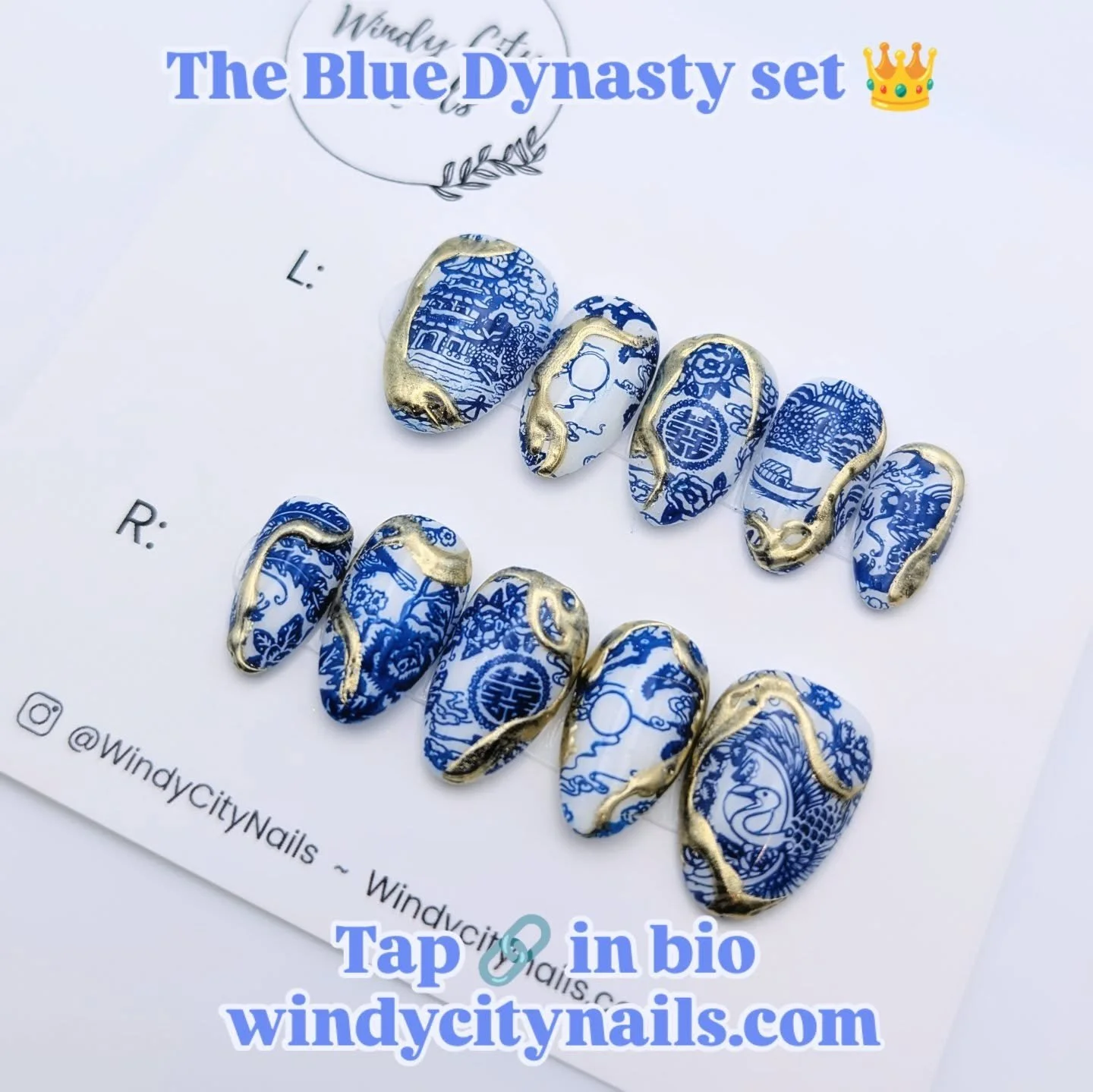 This Blue Dynasty set is where timeless porcelain meets modern glam 💙🌟👑

The royal blue designs are crisp and elegant and the molten gold touches give a luxe finish, these are wearable set for all year long.

👑Ready to elevate your mani game?
1️⃣
