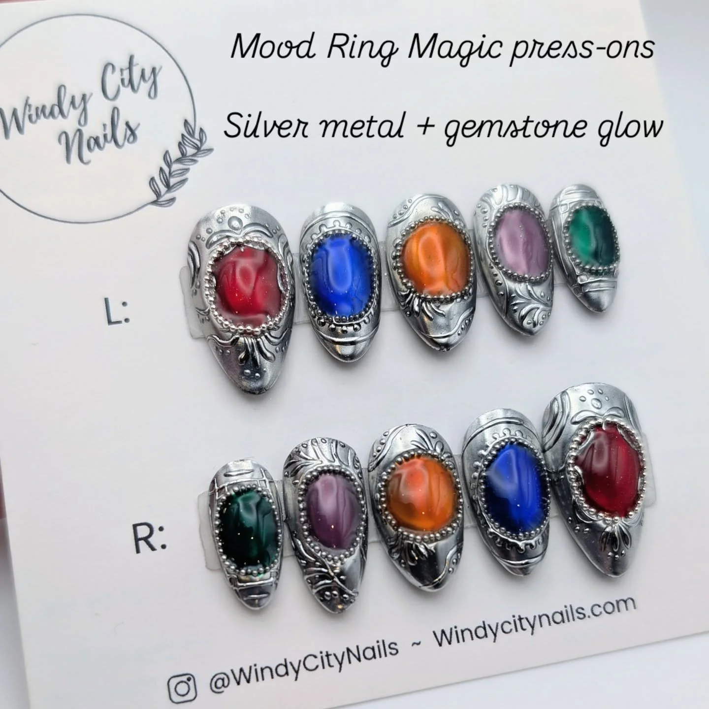✨ Mood Ring Magic ✨
These silver statement nails are giving full-on vintage jewelry energy 💍 Each one features a gemstone-style cabochon that catches the light just right.

Ready to serve main character energy? 💫 

💅 Available now &mdash; order yo