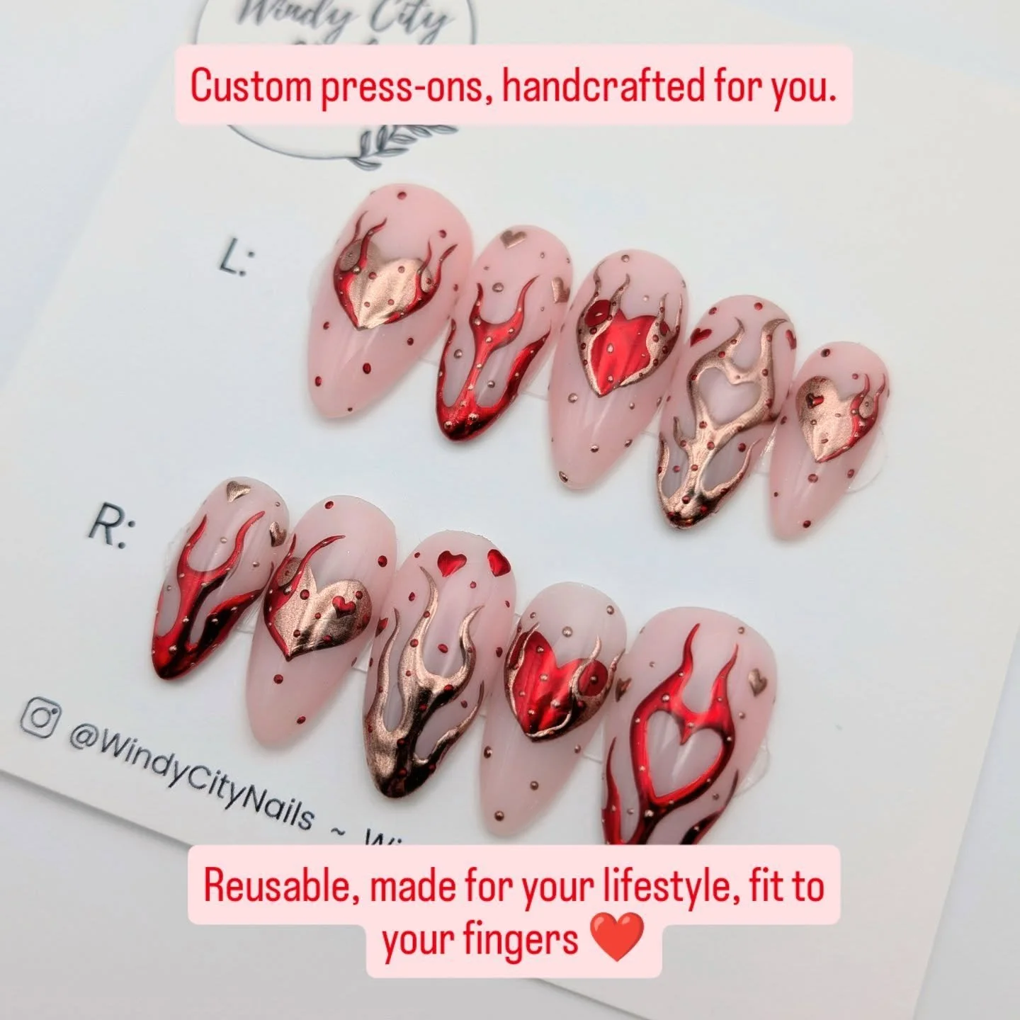 Turn up the heat this Valentine's Day!  This design is now available as a pre-designed set. 

1️⃣ Head to windycitynails.com
2️⃣ Select your design, shape, length, and sizes
3️⃣ Get ready to show off your new nails 💅

Press-ons aren't just for long 