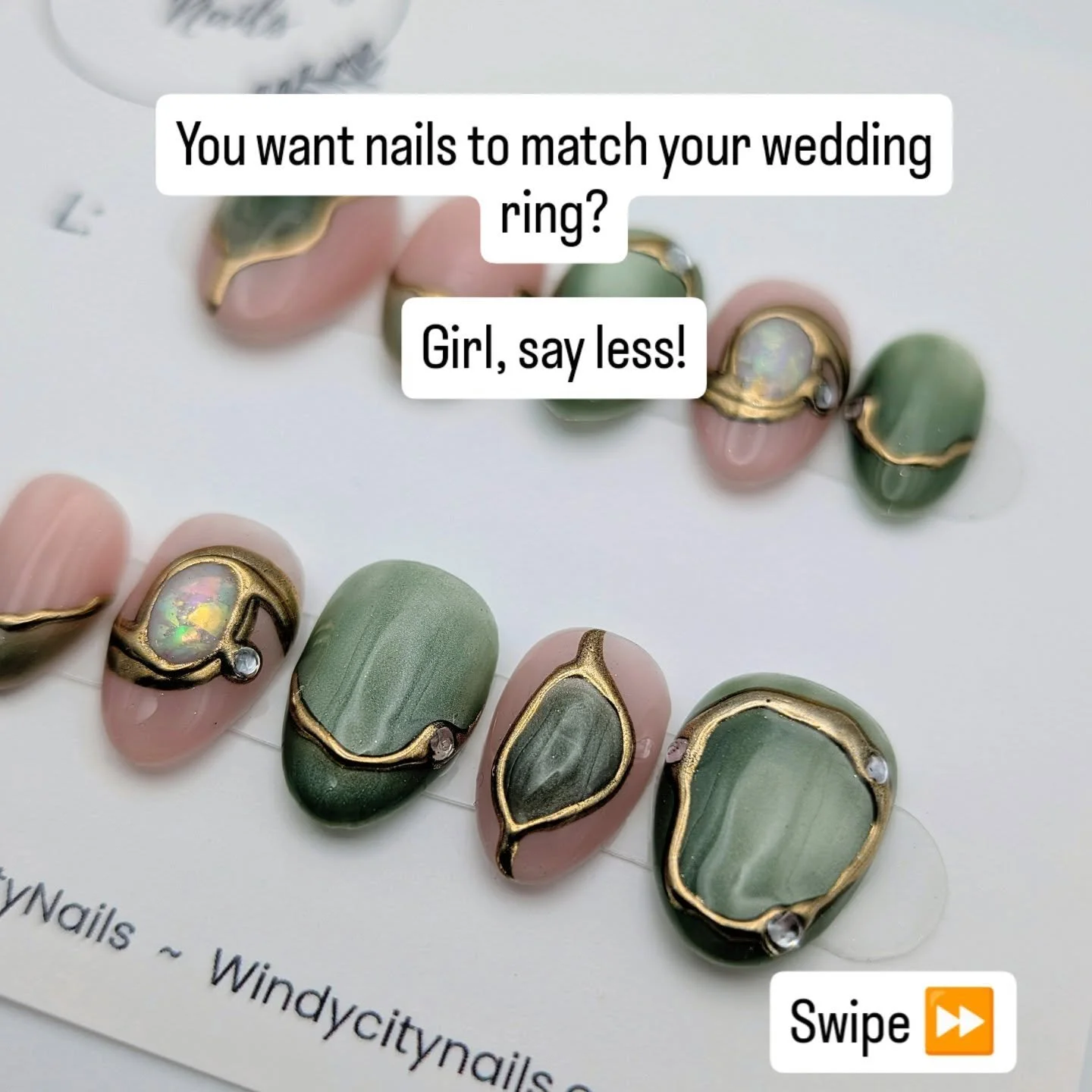 Meet The Katie 💍✨
Custom designed to match this beautiful person's opal wedding ring and to accent a sage suede gala gown. The cat eye sage, gold chrome details, crystal accents, and a glowing opal centerpiece give this set a luxurious feel. 

This 