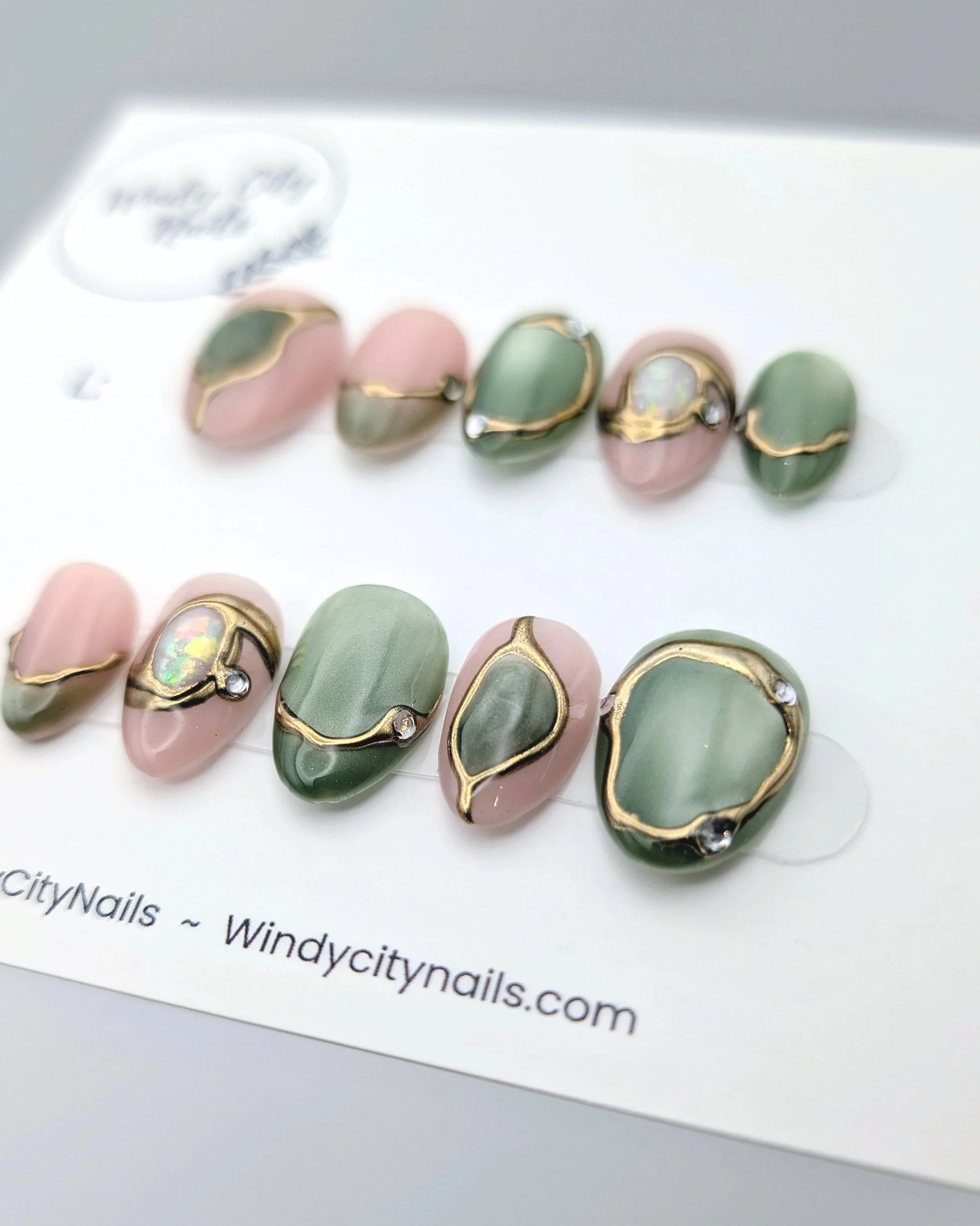 Bridal Nails, sage green, gold chrome, opal