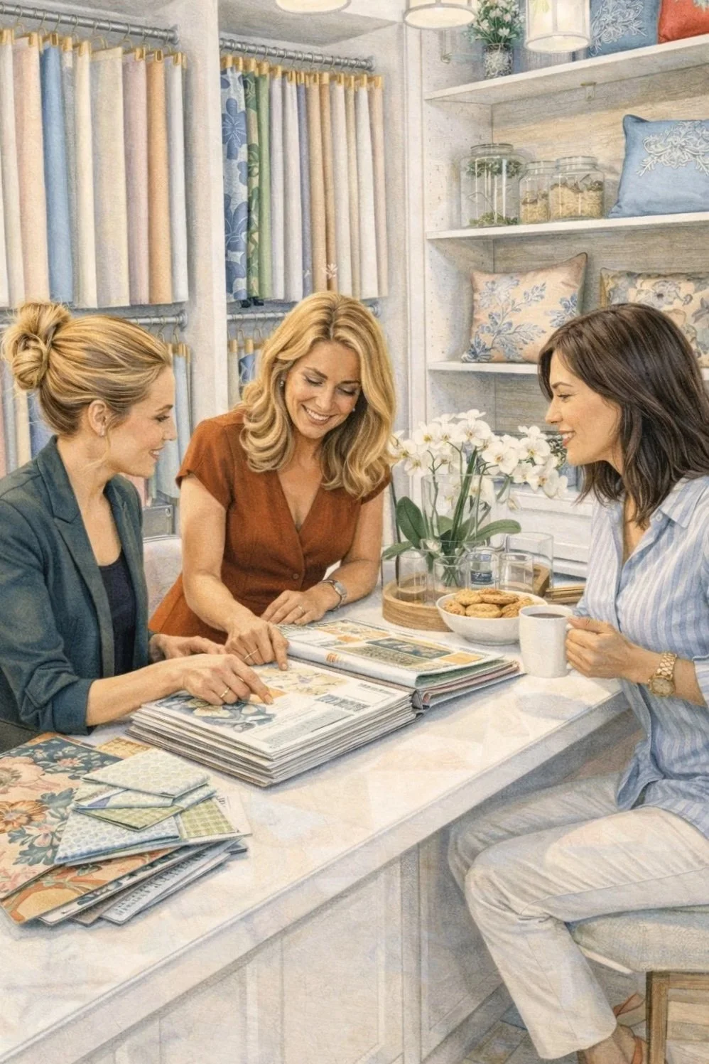 Three women sitting at a table, looking at home interior samples, with coffee, cookies, and flowers on the table in a bright room.