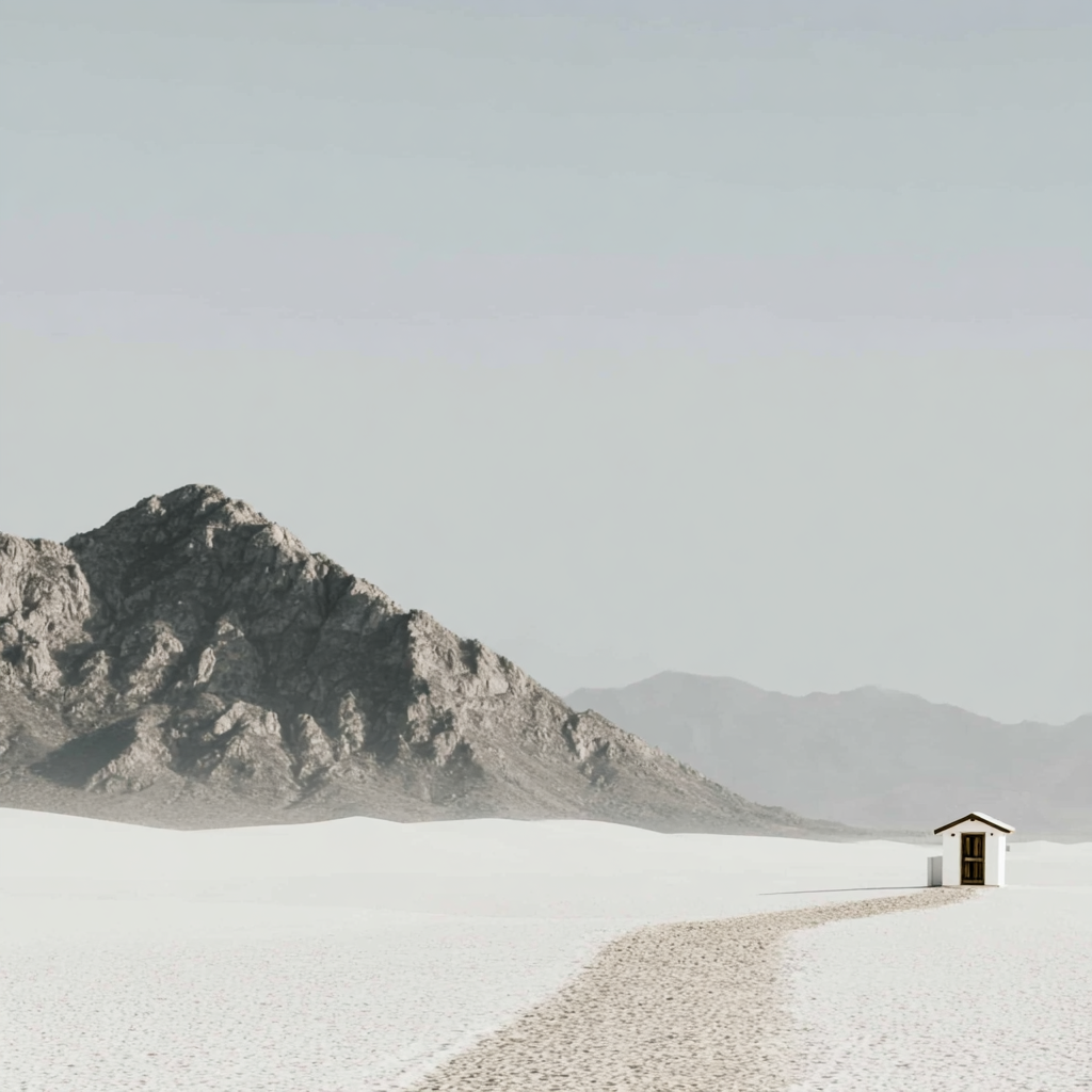 A small white building with a dark roof at the end of a sandy path in a barren desert landscape with mountains in the background.
