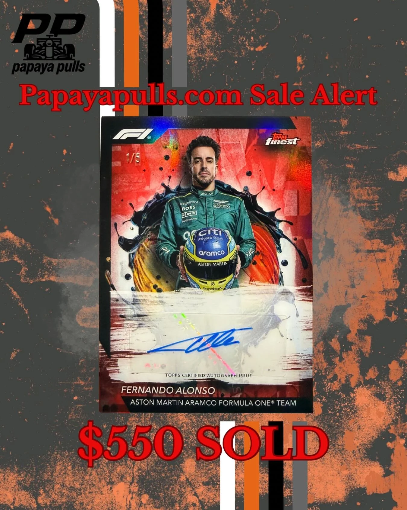 Happy to announce this absolute stunner has officially sold

Topps Finest Fernando Alonso /5 Red Refractor Auto  First on Print is now en route to its new forever home.

This card holds a special place in my heart. It was the first truly big card I e
