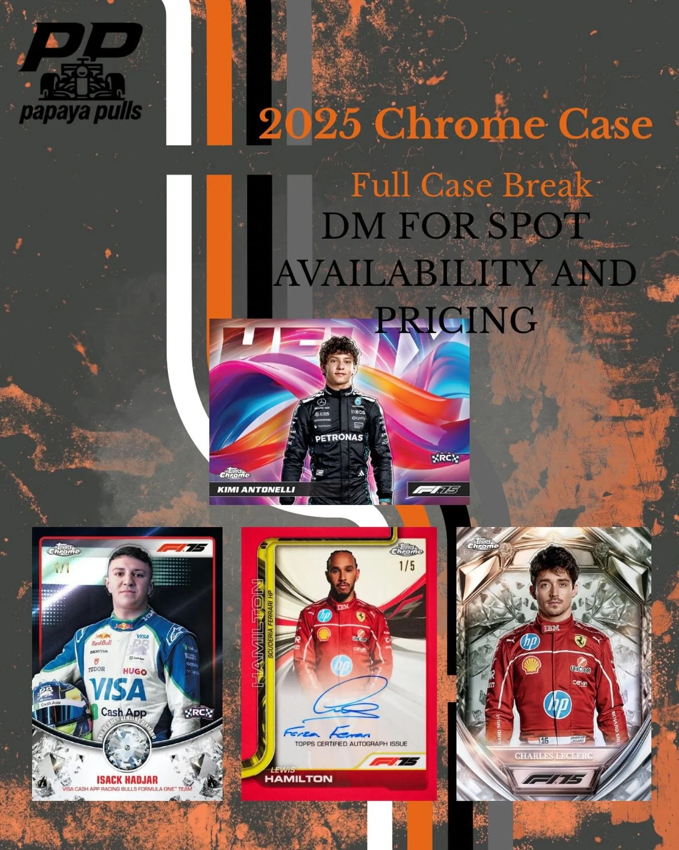 🏁 2025 F1 Chrome is finally HERE. 🏁

Our case break is locked in:
📅 Friday, January 23rd
⏰ 10:00 AM EST

Spots are live and moving. DM me for availability &amp; pricing.

Let&rsquo;s kick off 2025 Chrome the Papaya way.
🔥 Heat. Hits. Papaya.

#Pa