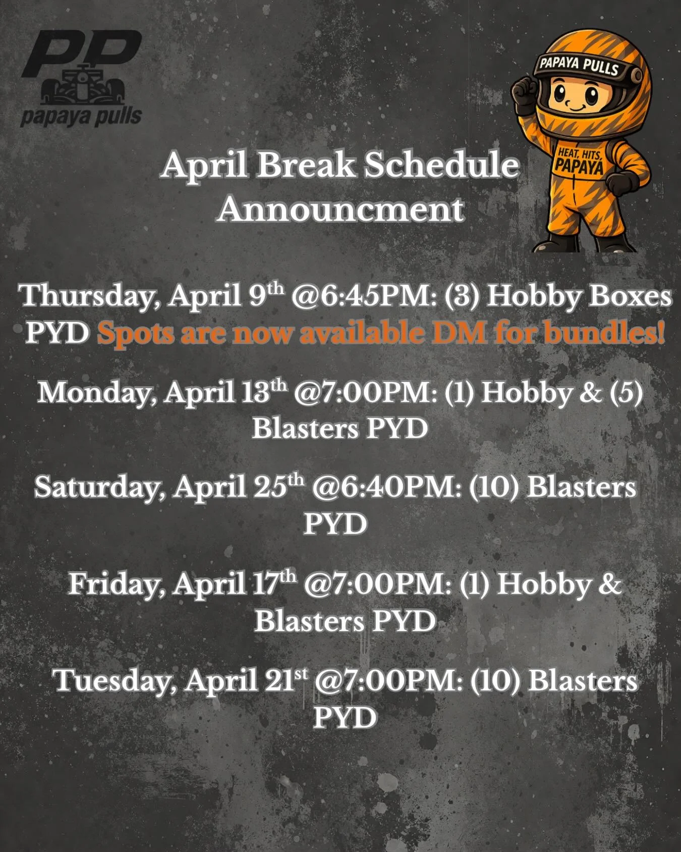 F1 might be in a lull&hellip; but Papaya Pulls isn&rsquo;t lifting off the throttle 🏎️🔥

We&rsquo;re keeping the heat ALL April long. Full schedule is live, shows are posted on Whatnot, so go bookmark now and don&rsquo;t miss your spot.

Kicking th