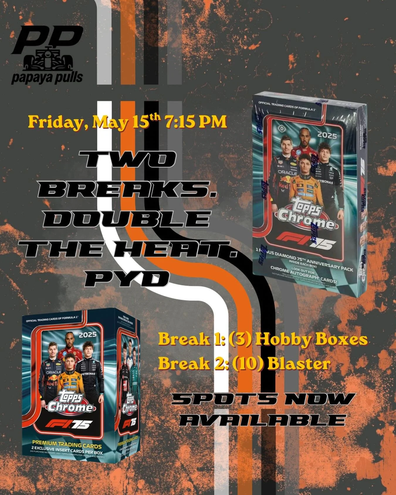 Friday Night is Double Break Night 🔥🔥

The last time we ran a double break&hellip; we hit TWO /25 F1 autos 😳

The time a loose box is a good time 😱😉

🏁 Break 1: 3 Hobby Boxes
🏁 Break 2: 10 Blasters

Both are PYD and spots will go live on Whatn