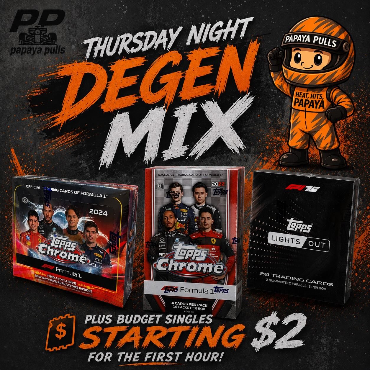 🔥 THURSDAY NIGHT DEGEN MIX 🔥

We&rsquo;re mixing it up this week with multiple break formats, random driver action, wheel spins, and plenty of opportunities to hit something big.

🏎️ 2024 Topps Chrome Qualifying &ndash; chase Kimi Antonelli&rsquo;
