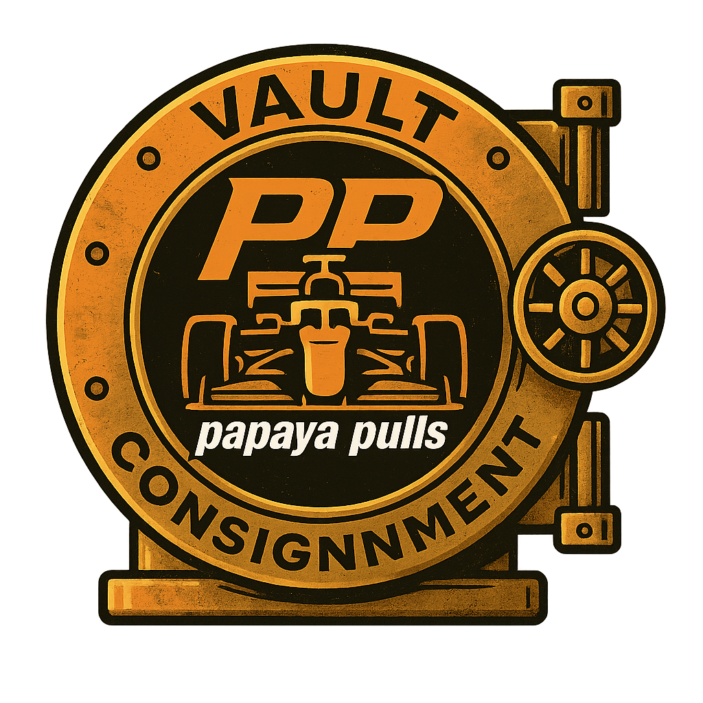 A vintage-style circular logo for PP Vault Consignment features a Formula 1 race car in the center, with the text 'pp' above it and 'papaya pulls' below. The outer ring reads 'Vault' at the top and 'Consignment' at the bottom, with a mechanical dial and lever on the side.