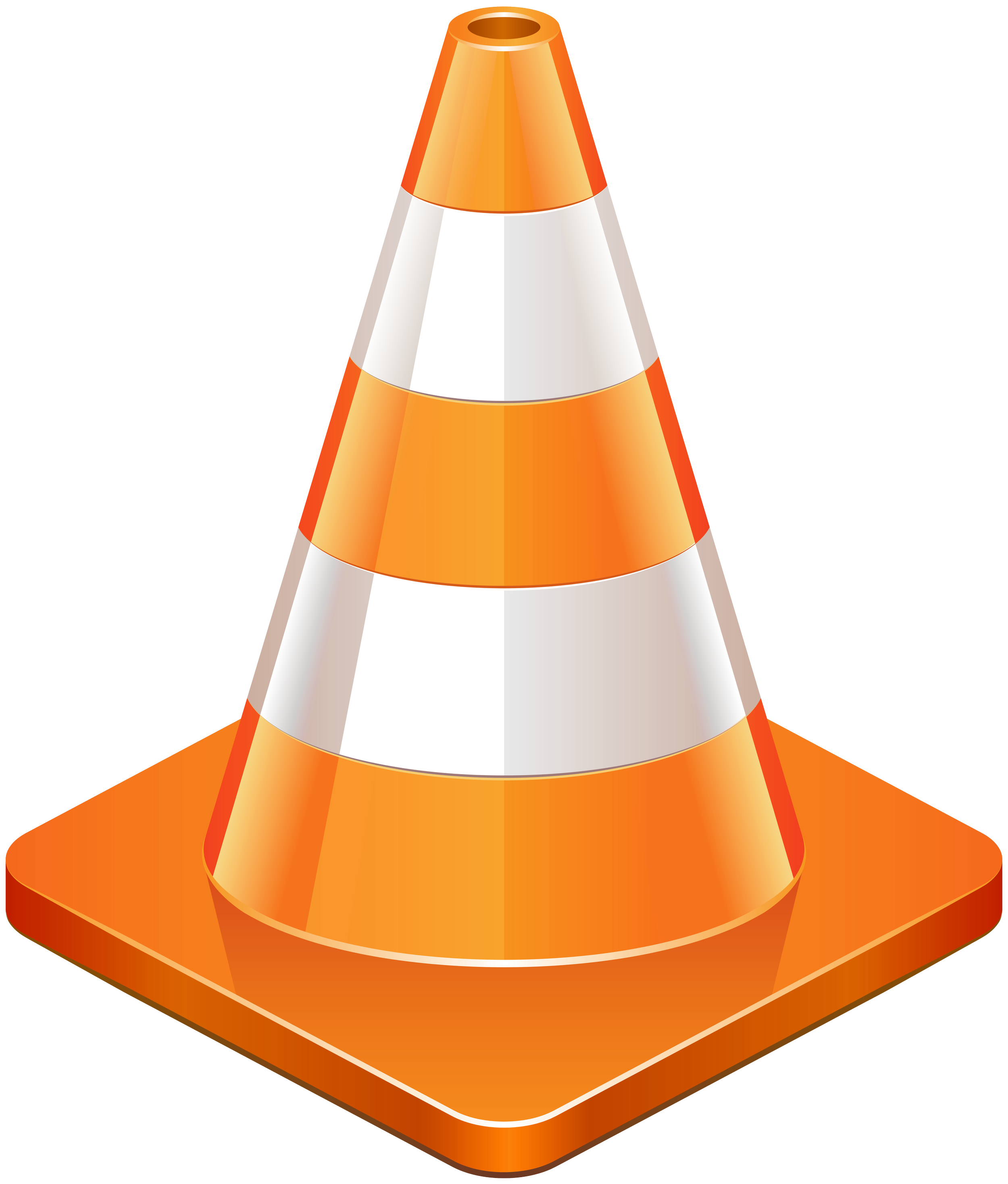 Digital illustration of an orange traffic cone on a square base.