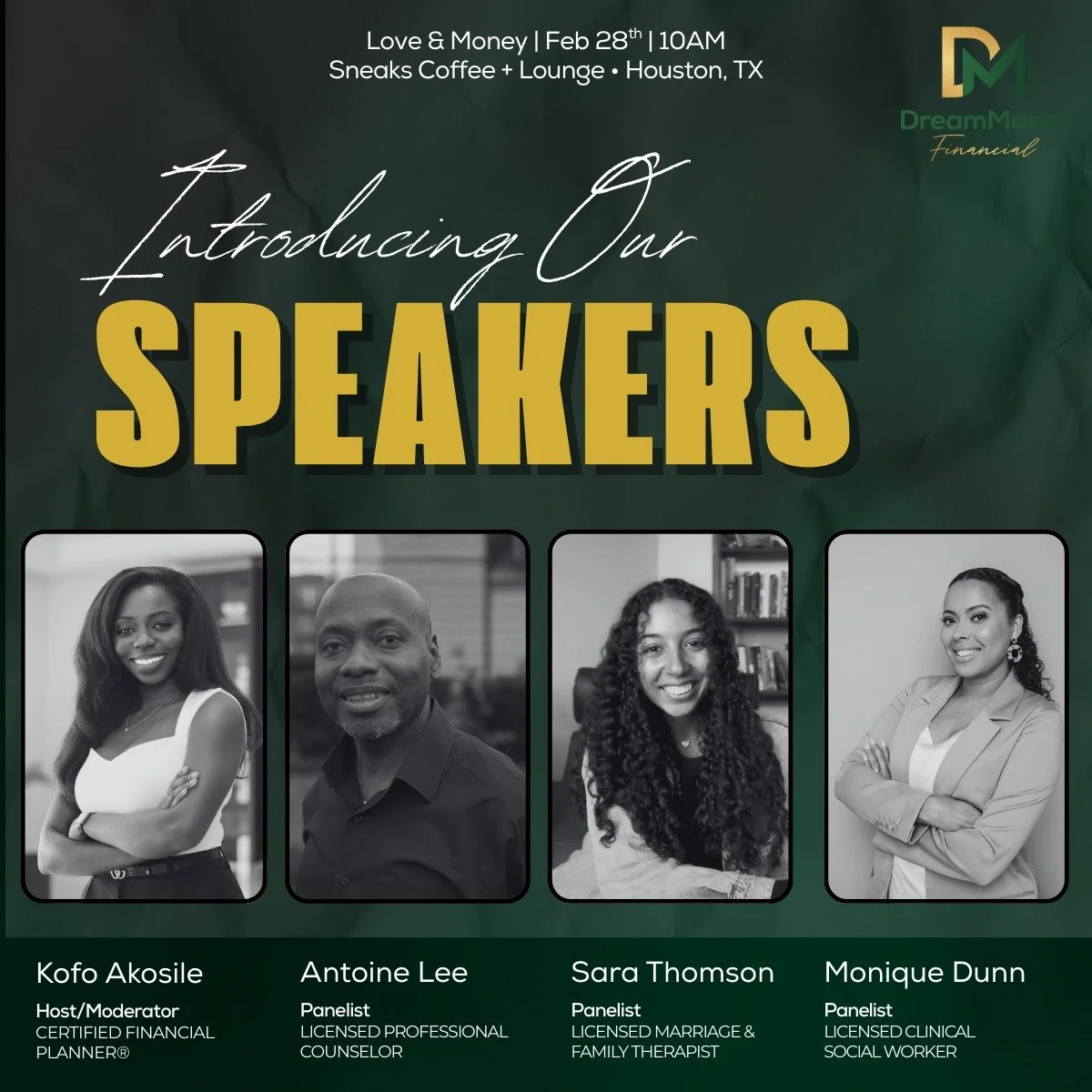 We are so excited to officially introduce the panelists for our Love and Money event. 🤍

Each of these individuals brings wisdom, real life experience, and practical insight around relationships, finances, and building wisely.

This conversation is 