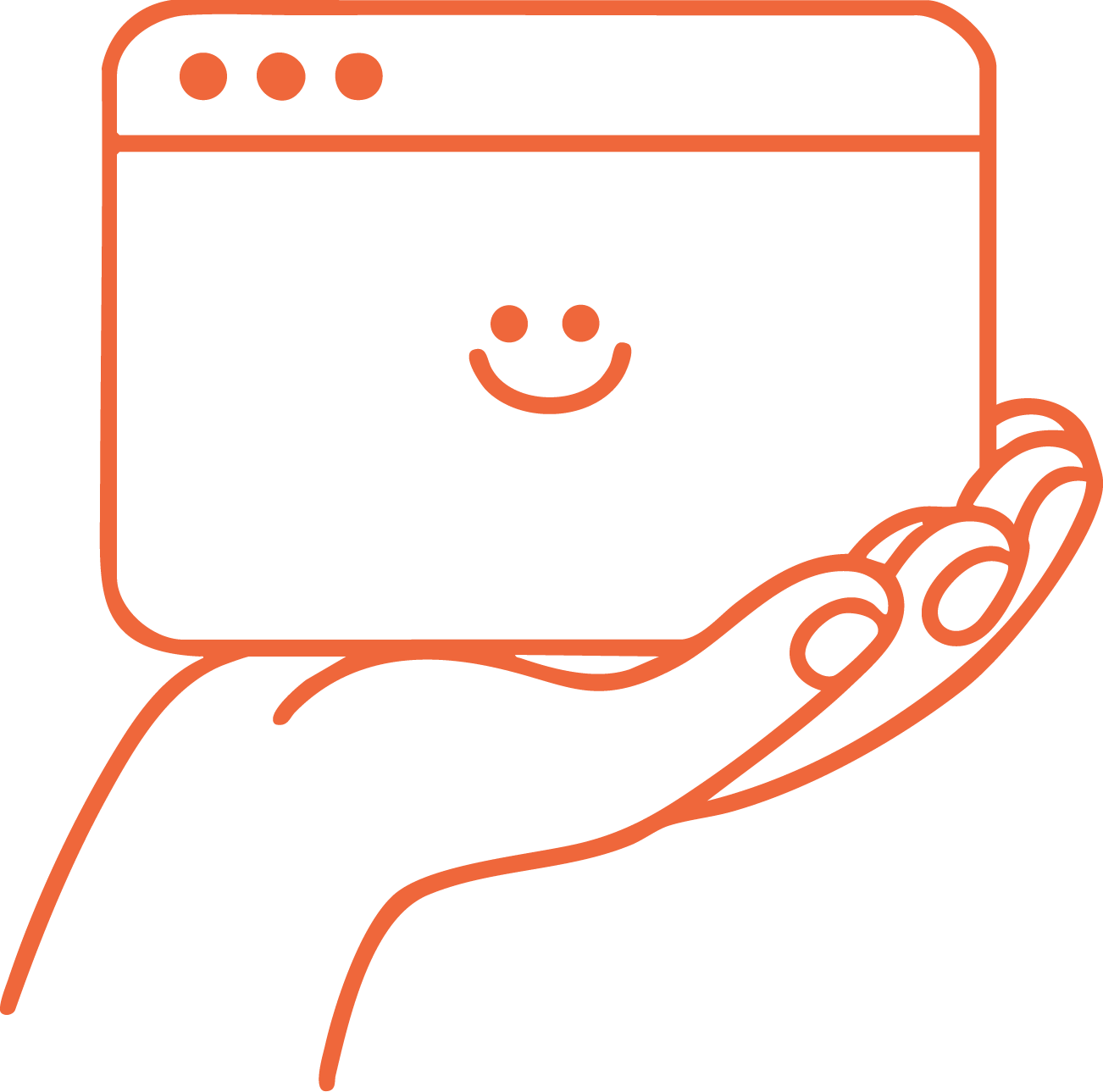 Illustration of a hand holding a smiling web browser window with a face, representing friendly online service or customer support.