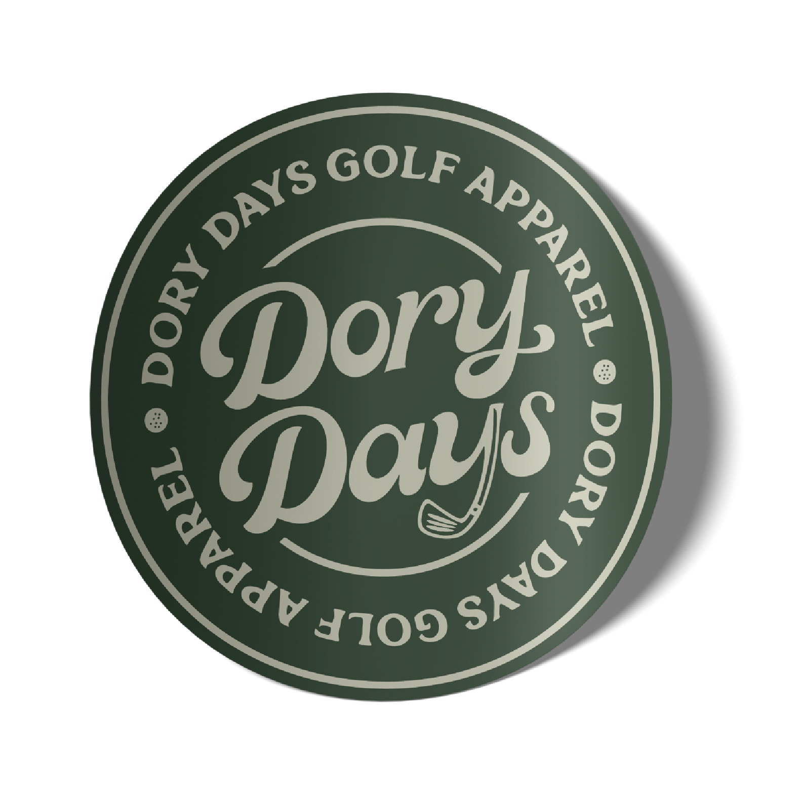Circular logo with the words 'Dory Days' in the center, surrounded by the phrase 'Dory Days Golf Apparel' repeated around the edge, with a small golf club graphic beneath the text.