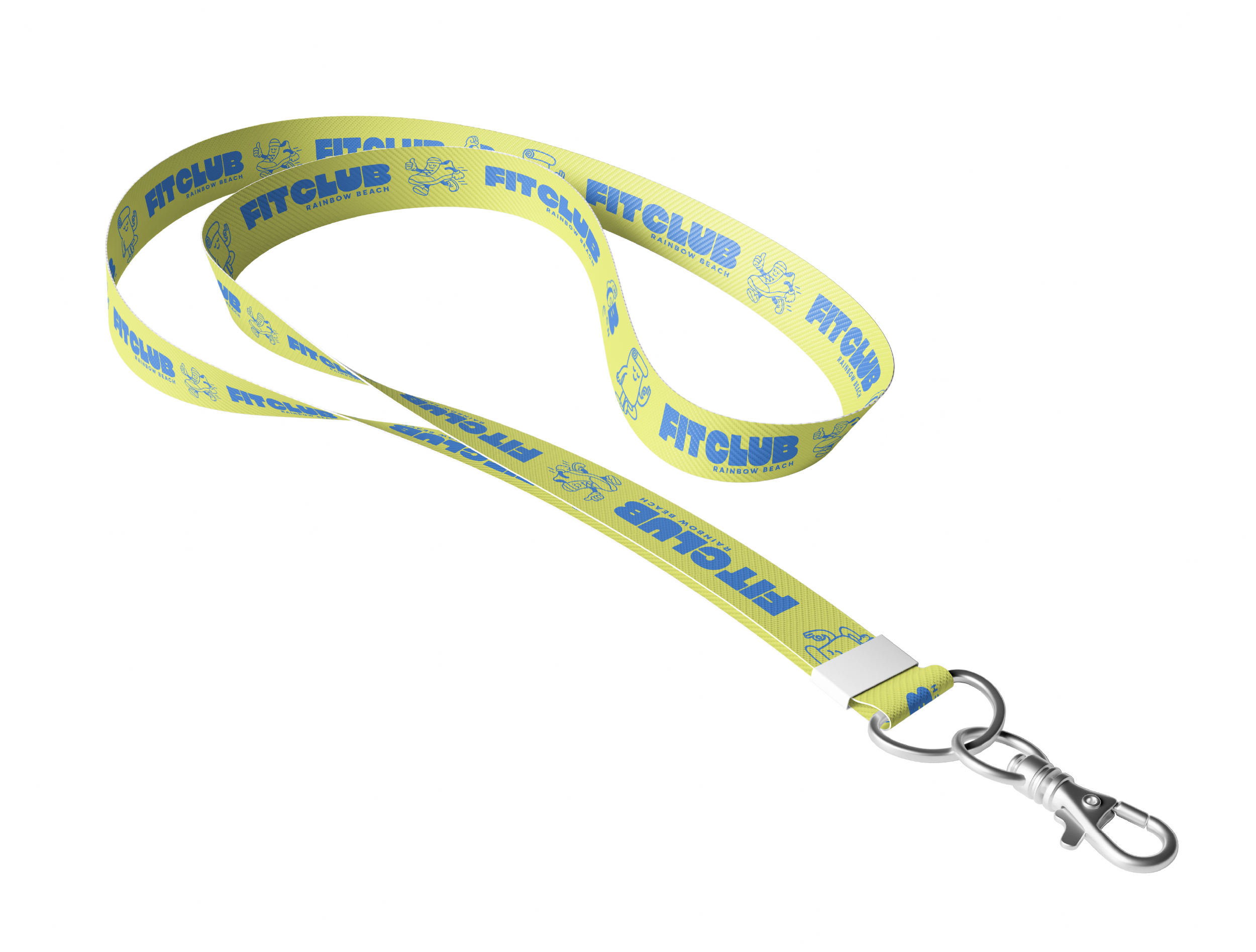 Yellow and blue lanyard with the words 'FITCLUB RAINBOW BEACH' repeated, attached to a metal clasp, resting on a dark textured surface.