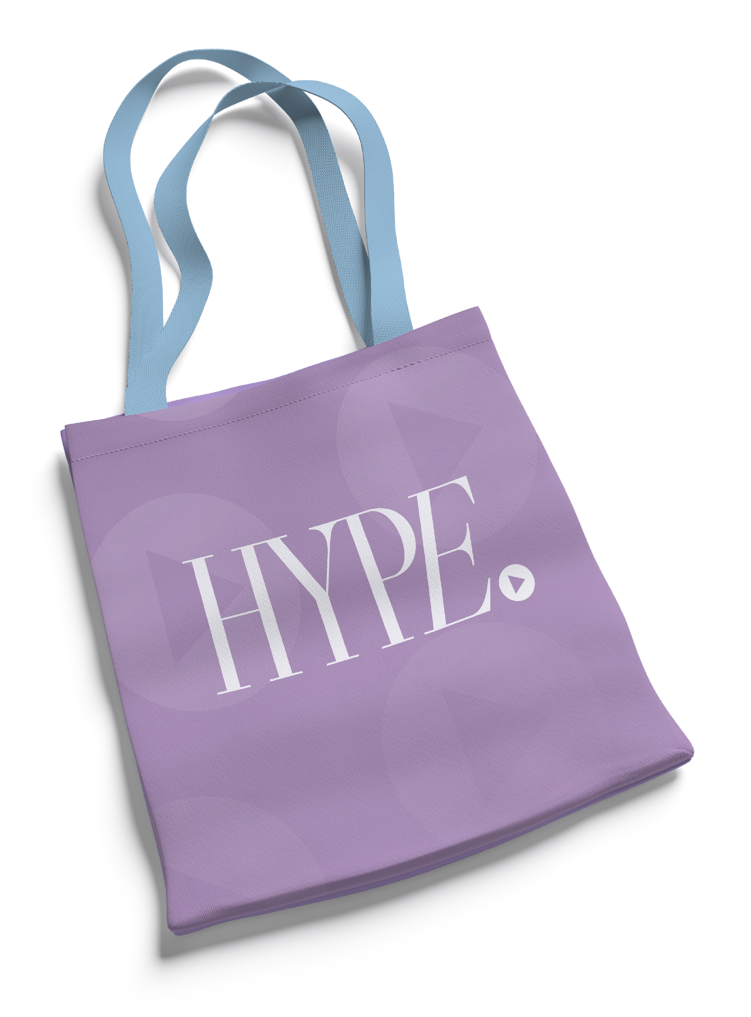 Purple tote bag with light blue straps, featuring the word "HYPE" in large white letters.