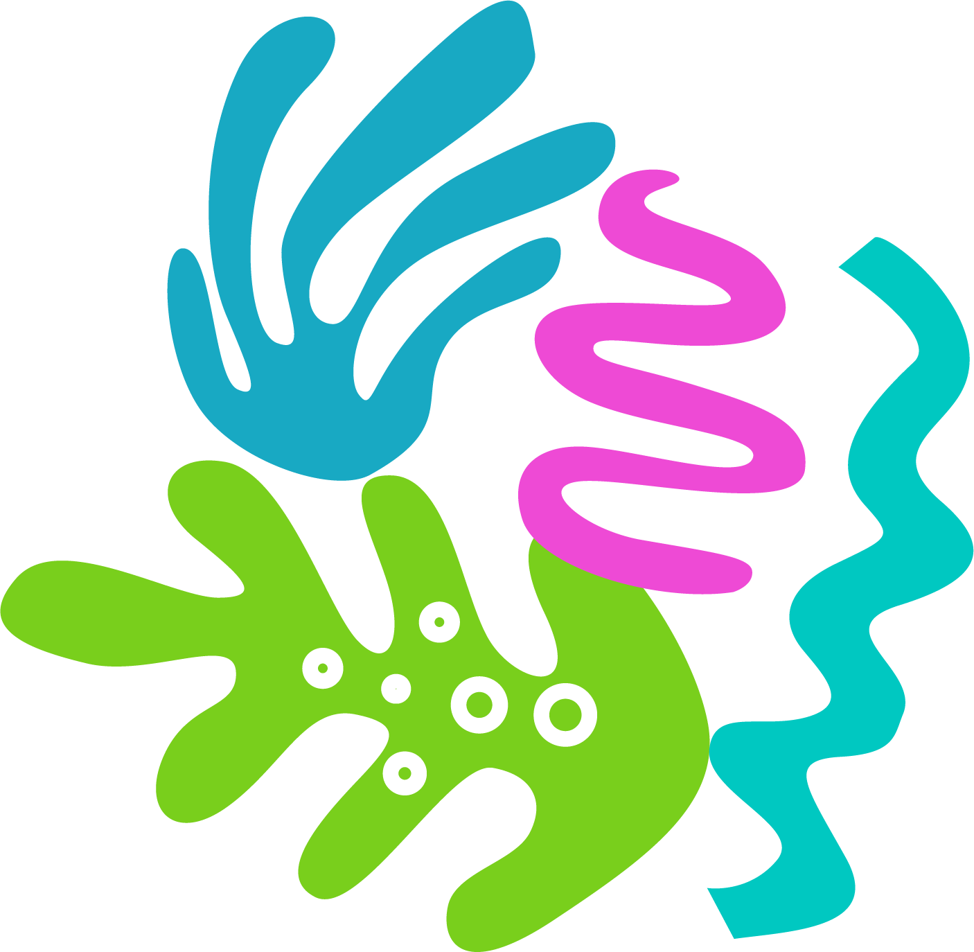 Abstract illustration of a hand, a plant, and wavy lines in blue, pink, and green colors.