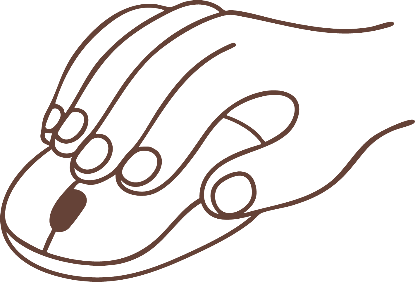 Line drawing of a hand from the side, with fingers and thumb visible, holding a computer mouse.
