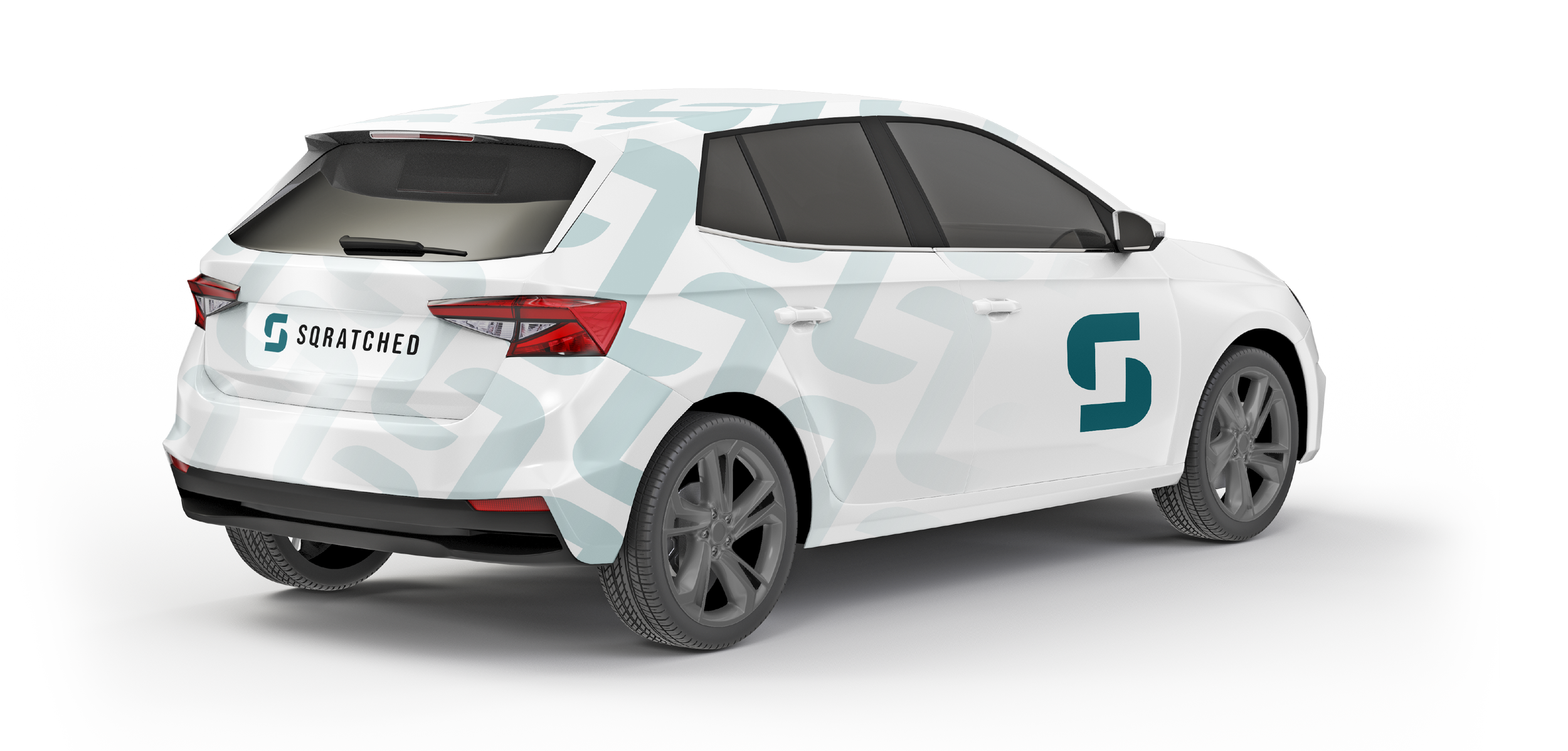 White hatchback car with a logo on the side and back, displaying the word 'SCRATCHED', with dark tinted windows and gray rims.