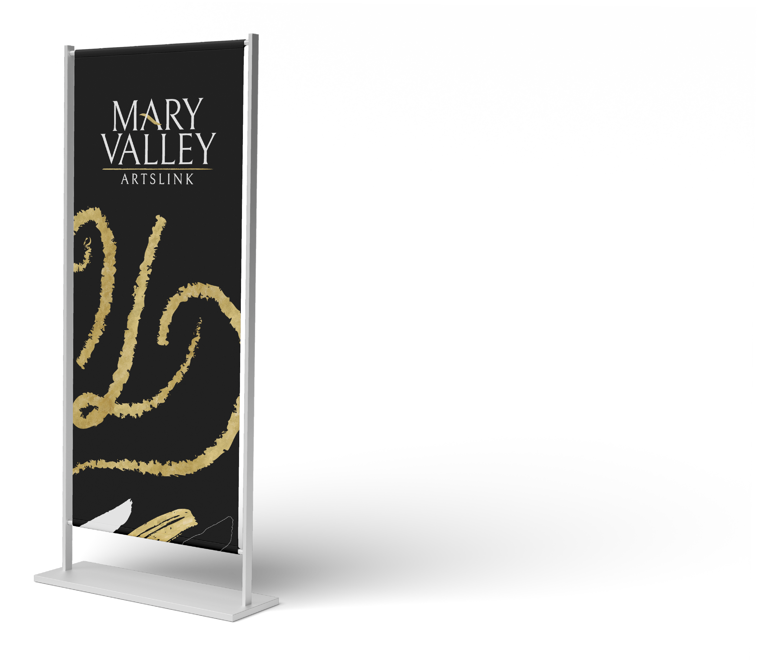 Freestanding vertical banner promoting Mary Valley Artslink, featuring black background with white and gold text, and an abstract gold design.