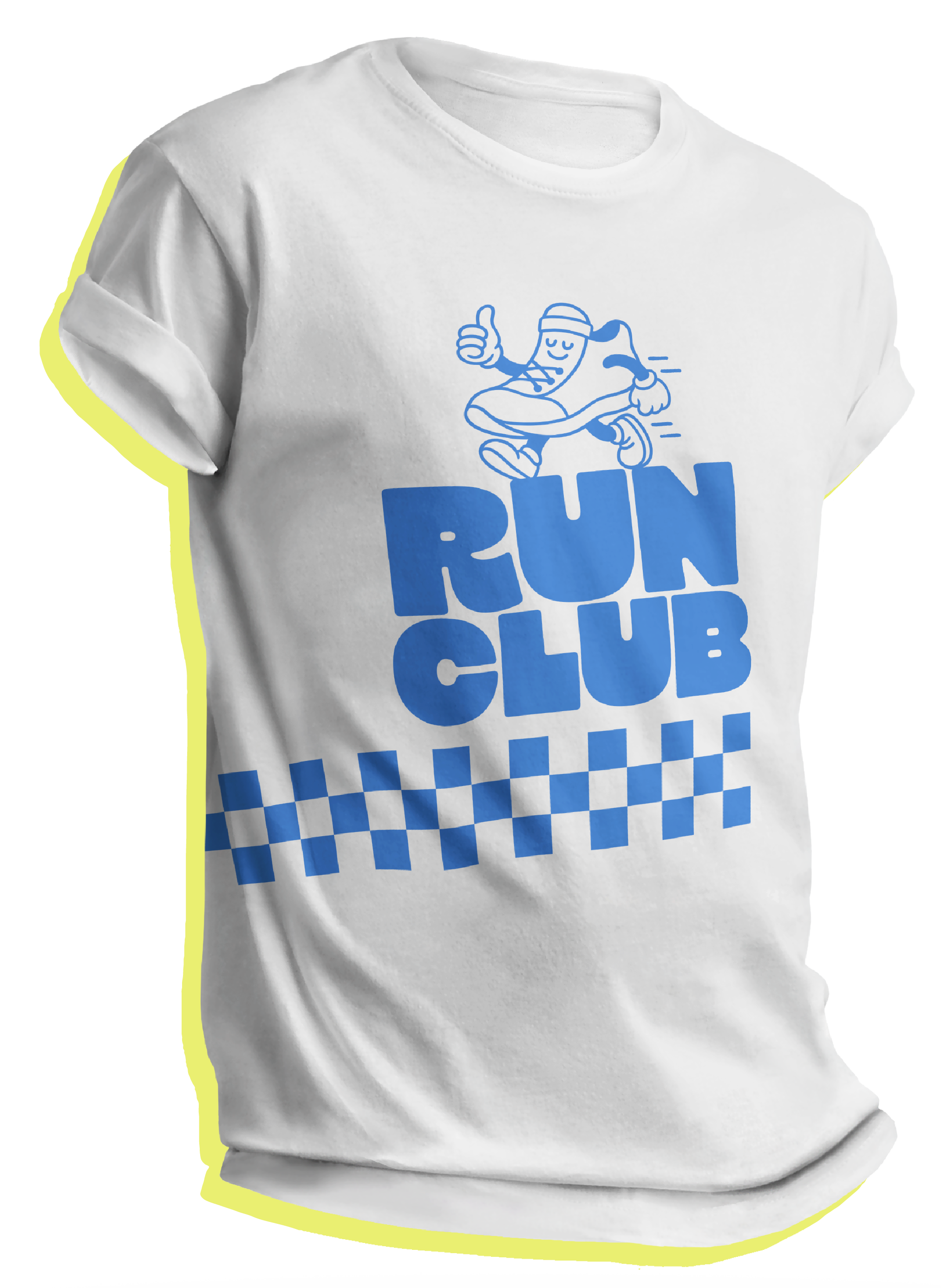 White t-shirt with a blue cartoon character running and giving a thumbs up, and the words "RUN CLUB" below the character, with a blue checkerboard pattern at the bottom.