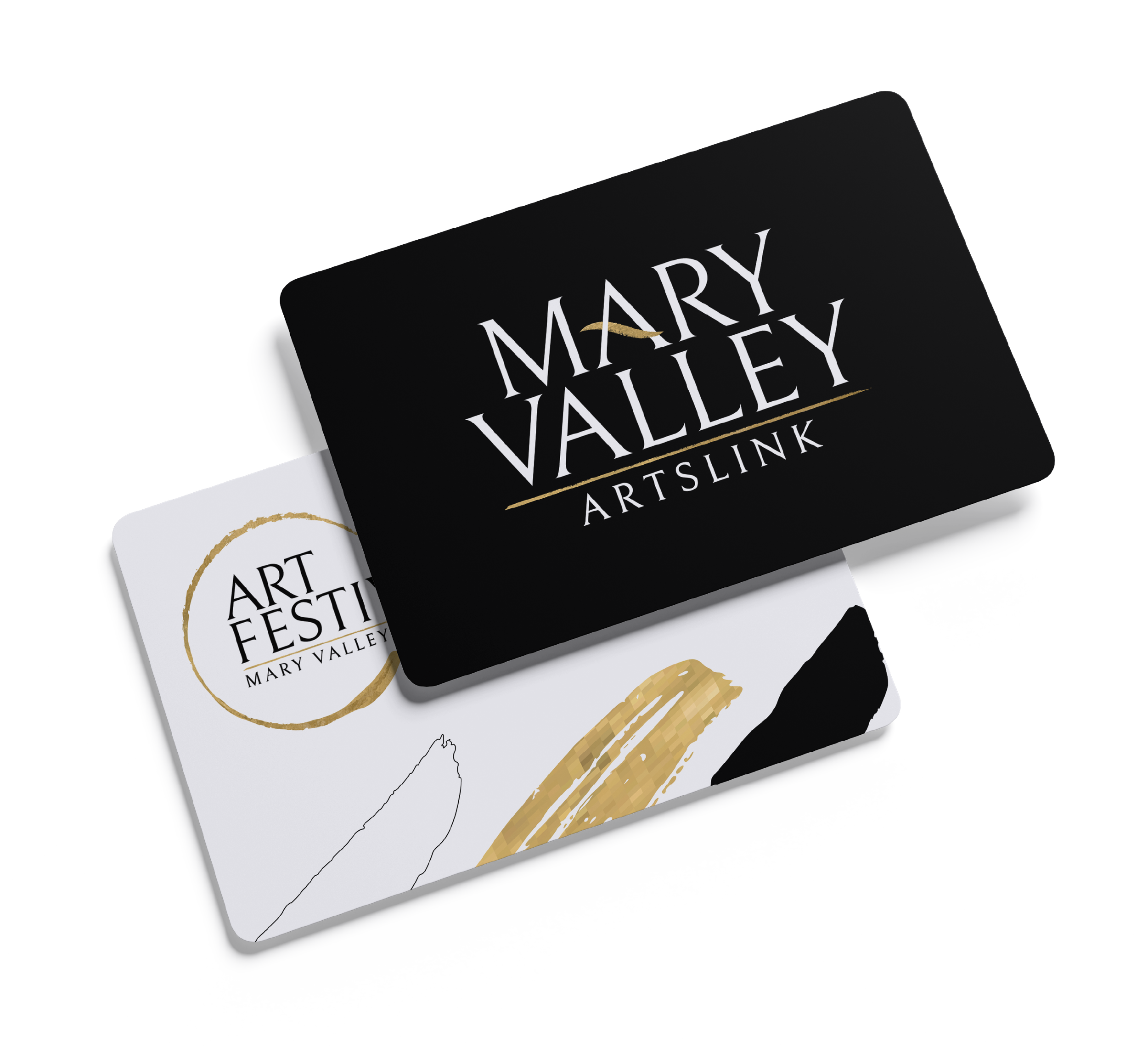 Business cards for Mary Valley Arts Link and Art Fest, featuring black, white, and gold design elements.