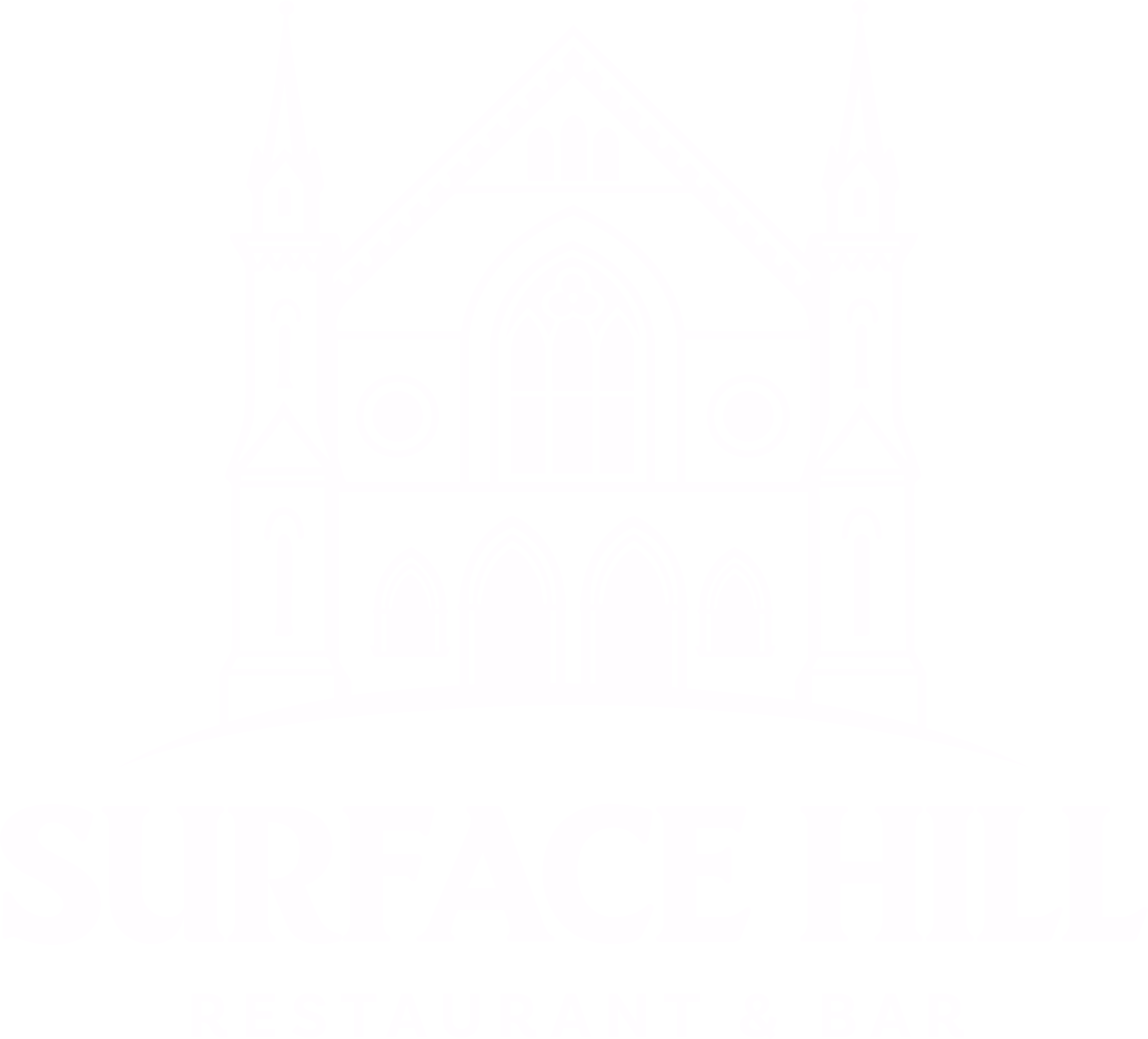 Logo of Surface Hill Restaurant & Bar featuring a line drawing of a Gothic-style building with towers, stained glass windows, and arched entrances.