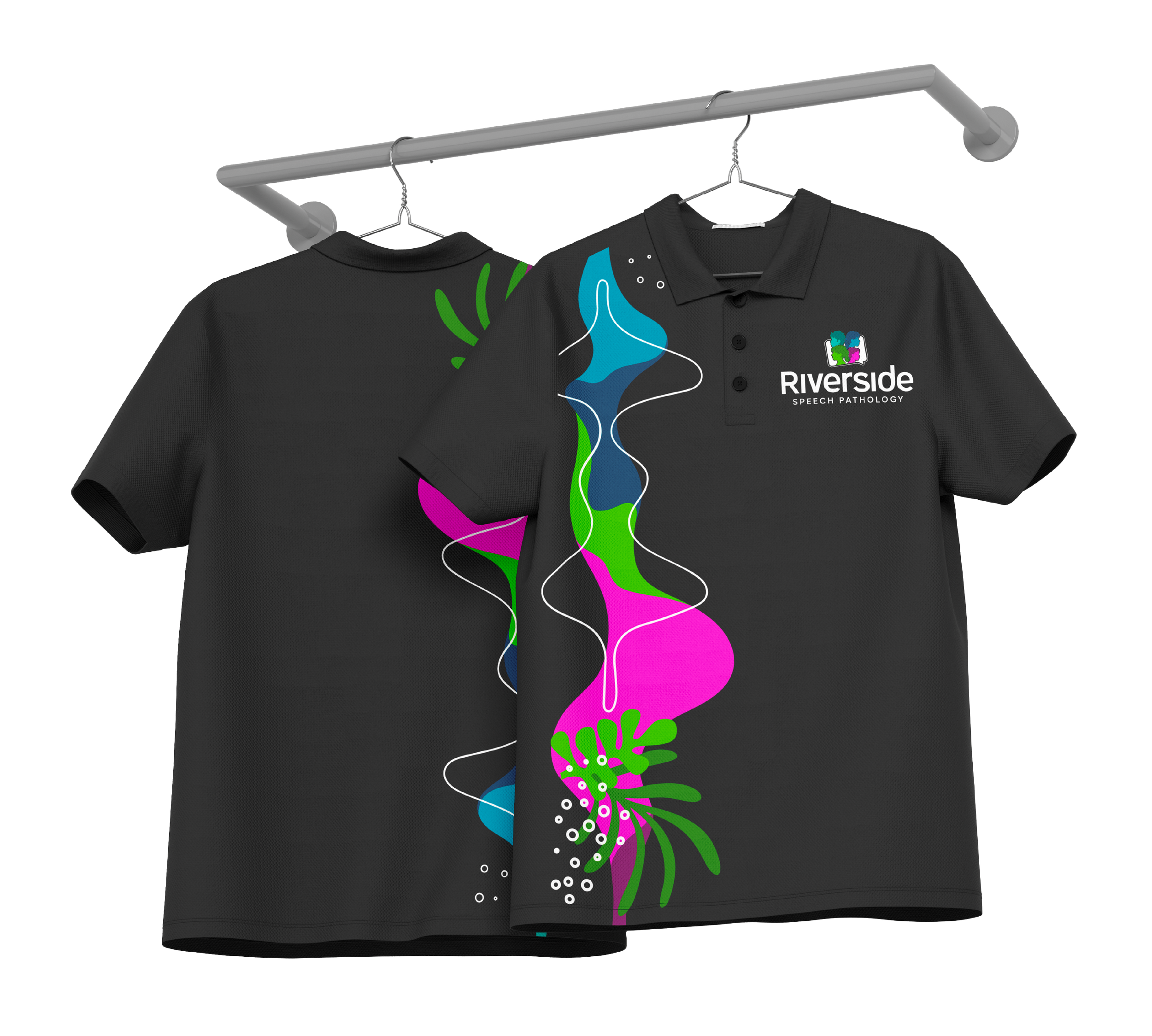Two black polo shirts hanging on a gray rack, one facing front with the 'Riverside Speech Pathology' logo and a colorful abstract design on the sleeve, the other showing the back with part of the same colorful design.