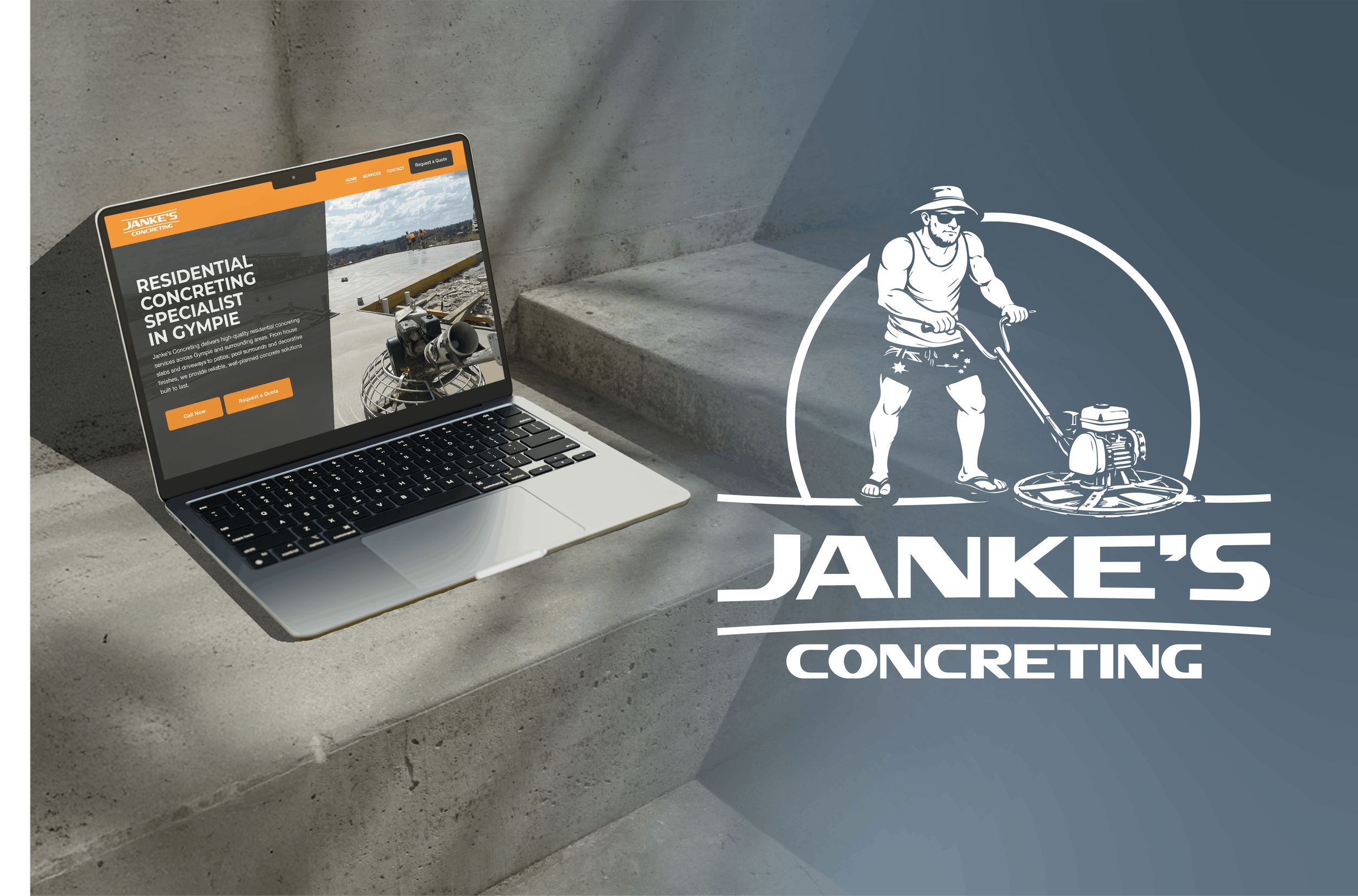 Laptop displaying a website for Janke's Concreting, placed on concrete stairs next to a wall with a blue background and white illustration of a man operating a compactor.